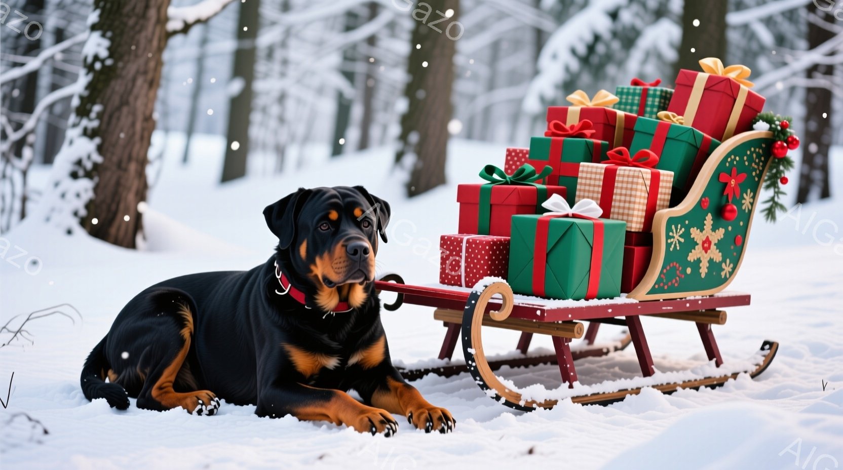 黒いロットワイラーが雪の上に横たわり、赤い首輪をつけてこちらを見ています。その隣には、プレゼントが積み重なった木製のそりが置かれており、緑、赤、金色の包装紙が目を引きます。背景は雪に覆われた森林で、全 - AI生成フリー素材