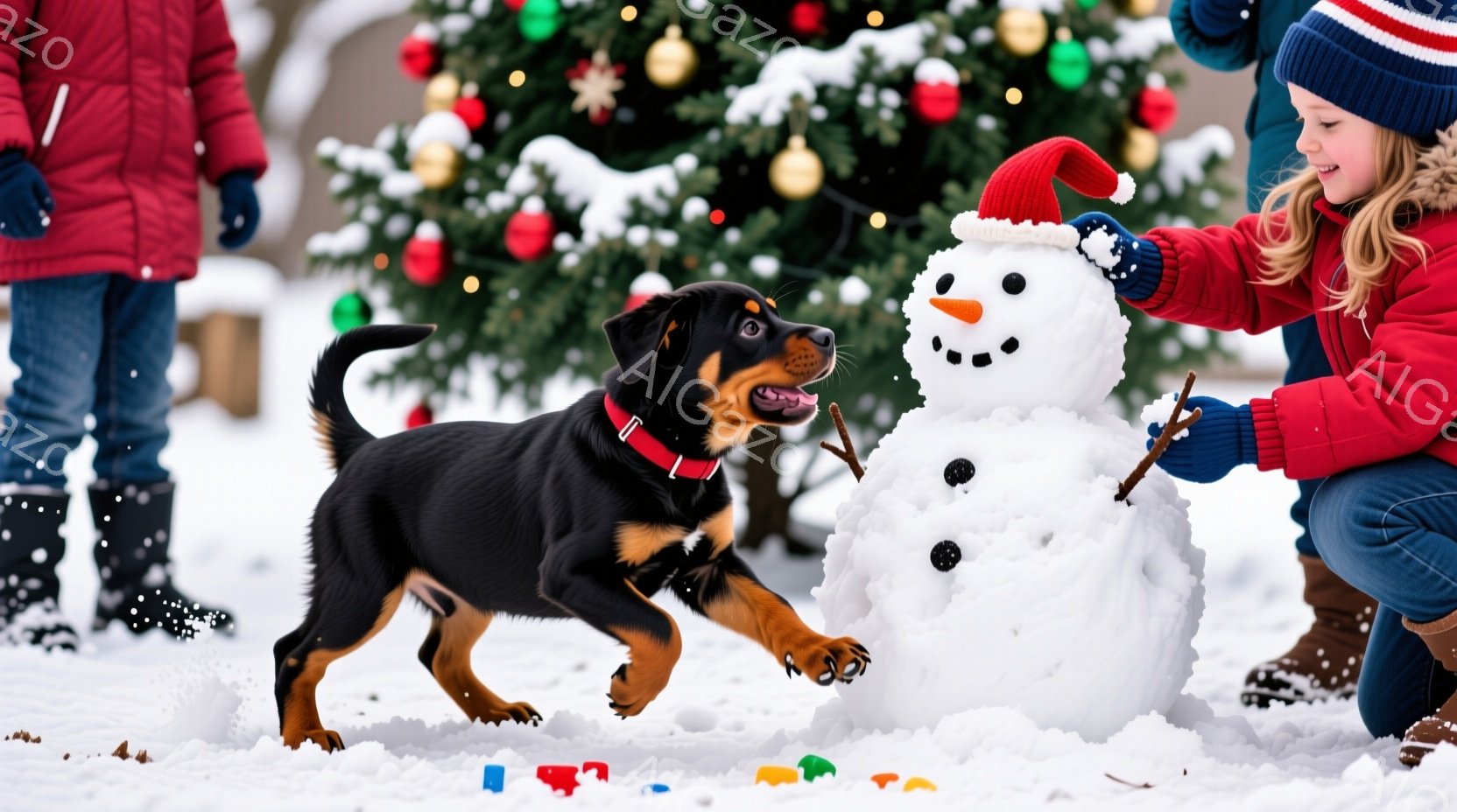 雪景色の中で、茶色と黒の毛並みを持つ子犬が雪の上を駆け回っており、楽しそうに遊んでいます。背景には、装飾されたクリスマスツリーと、小さな子供が作った雪だるまがあり、子供は青い手袋をはめて雪だるまの腕を - AI生成フリー素材