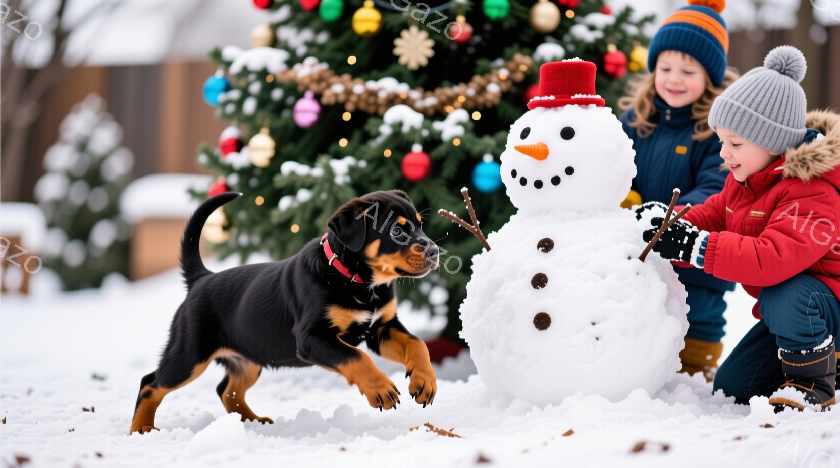 雪景色の中で、幼い女の子が雪だるまの顔を枝で作り、小さな黒い子犬が雪の中を駆け回っています。女の子は赤いジャケットと黒いズボン、頭には濃い青色のニット帽をかぶり、楽しそうに雪だるまを見つめています。背 - AI生成フリー素材