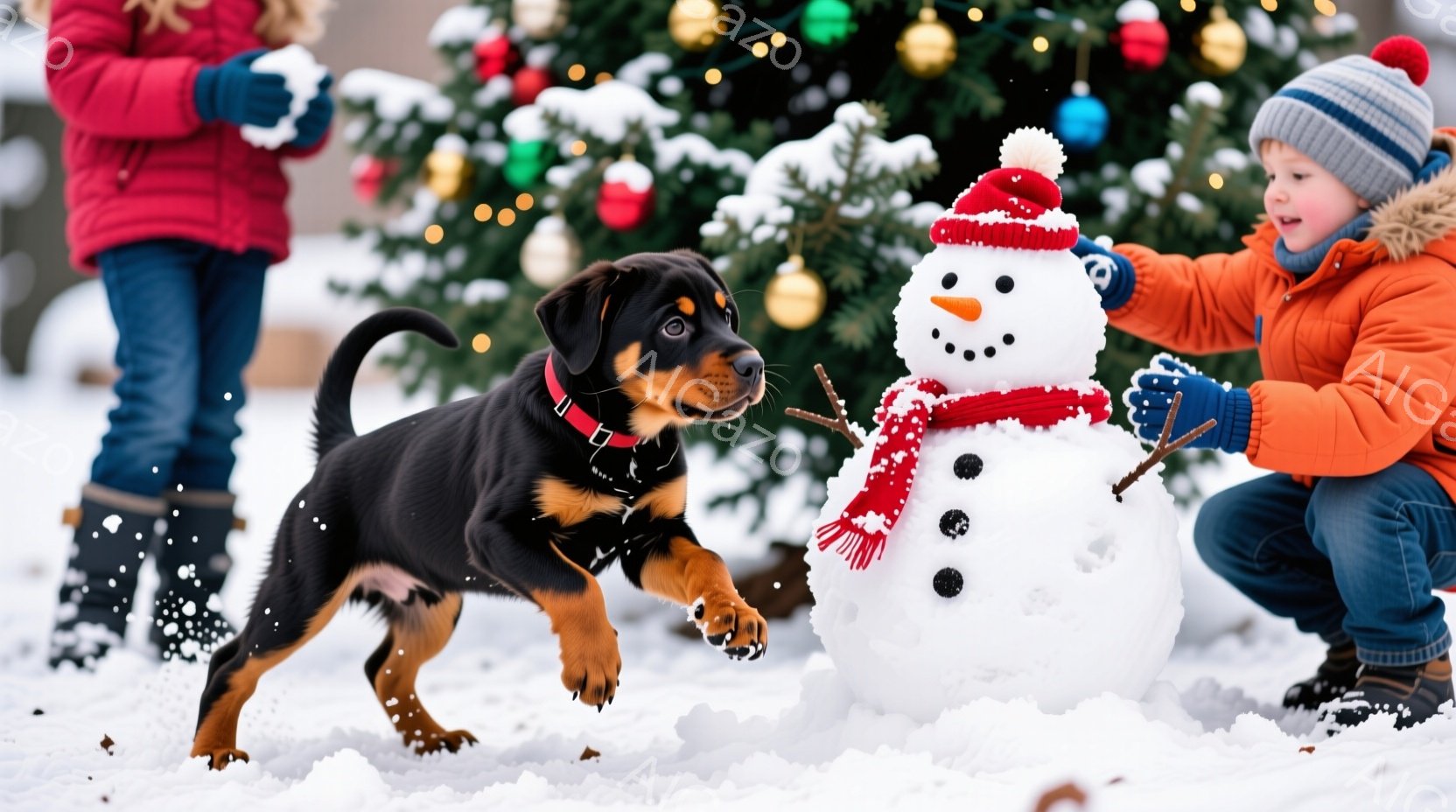 雪が降る屋外で、少年が雪だるまの横に立ち、枝を手に持っています。少年はオレンジ色の防寒着と帽子を身につけ、雪だるまを見つめています。雪だるまは、赤い帽子とマフラーをつけ、炭でできた目と鼻を持っています - AI生成フリー素材