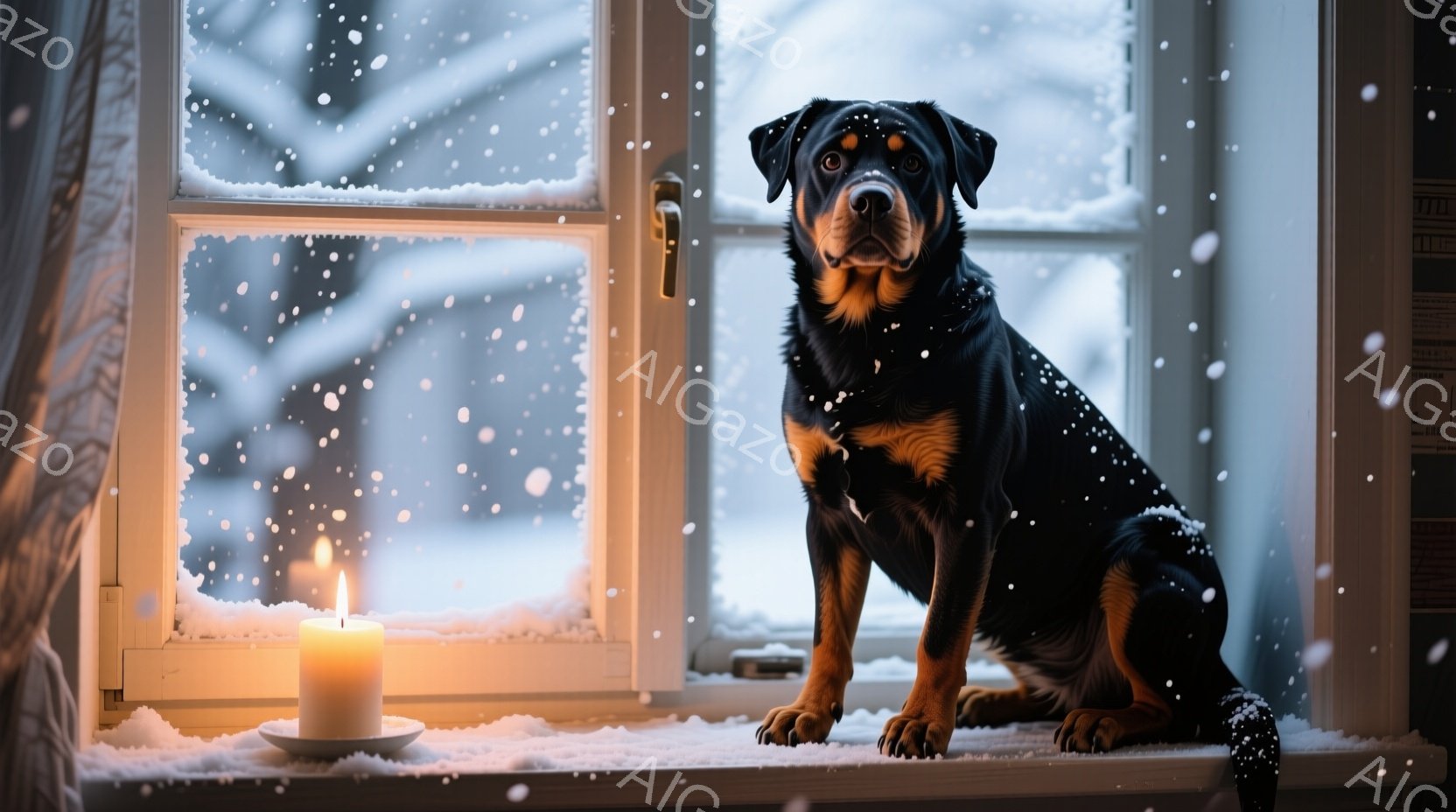 雪が降る冬の日に、窓辺に座った黒い犬が写っている。犬は正面を向き、鋭い眼差しでカメラを見つめている。背景は雪景色で、窓枠には雪が積もり、近くには灯されたキャンドルが暖かく光っている。 - AI生成フリー素材