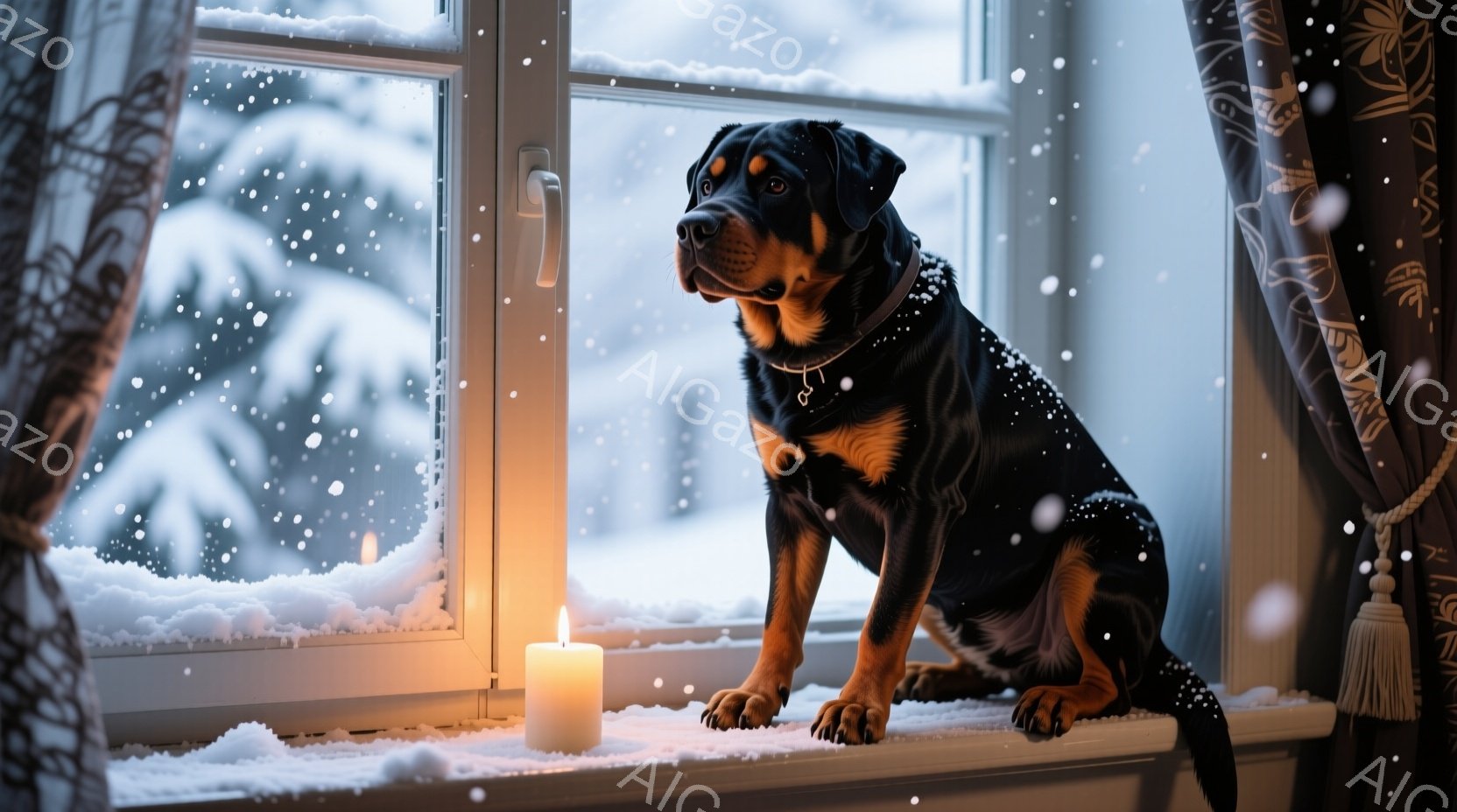 黒い犬が窓辺に座り、外の雪景色を眺めている。窓枠には点けられたキャンドルが置かれ、暖かく穏やかな雰囲気を醸し出している。背景には雪に覆われた木々が見え、冬の静寂と安らぎを感じさせる。 - AI生成フリー素材