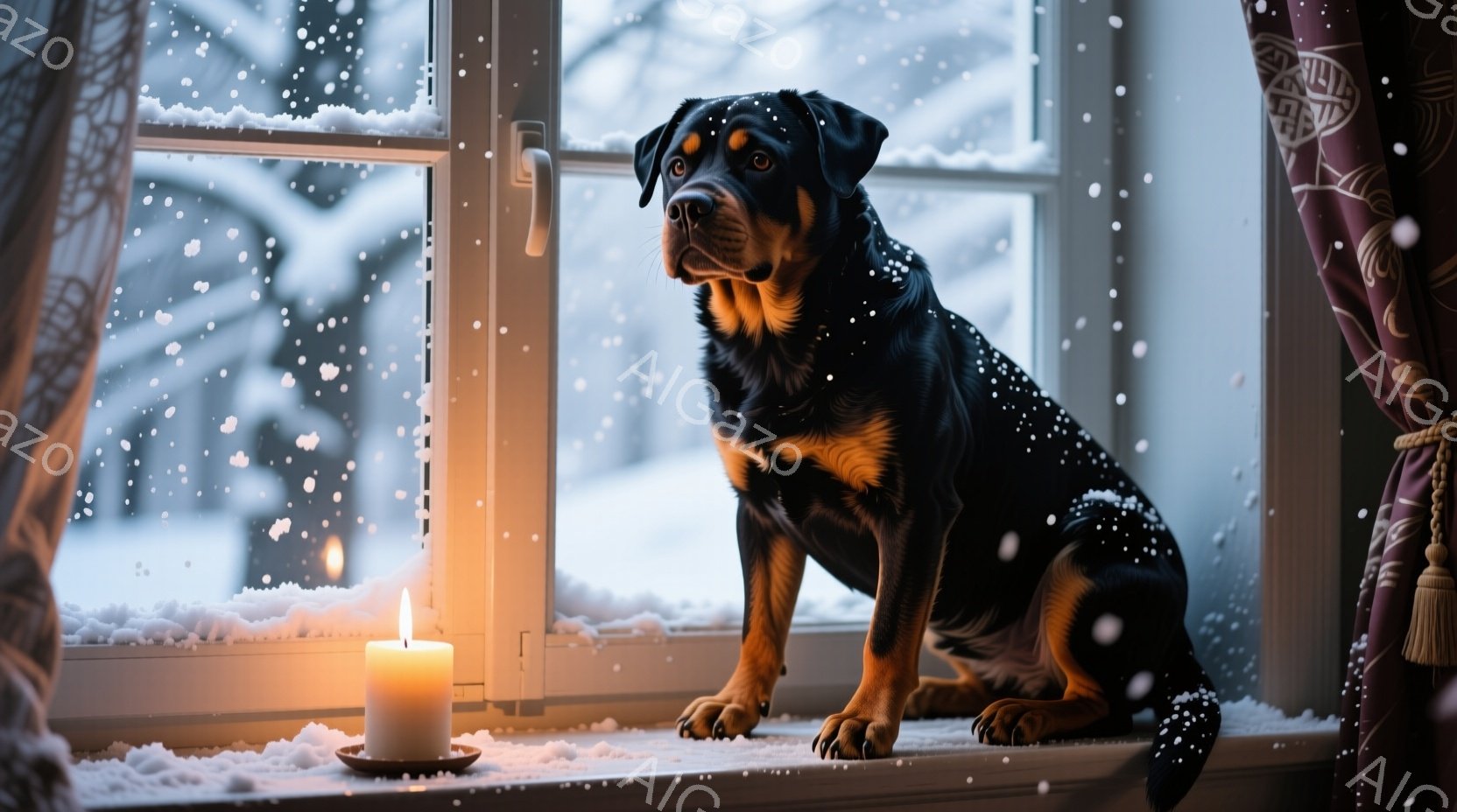 黒い毛並みに茶色のアクセントが入った犬が、雪の降る窓辺に座っています。窓の外は雪景色で、室内には暖炉の光のような、揺らめくロウソクの明かりが犬を照らしています。全体的に静かで、冬の穏やかな雰囲気が漂っ - AI生成フリー素材