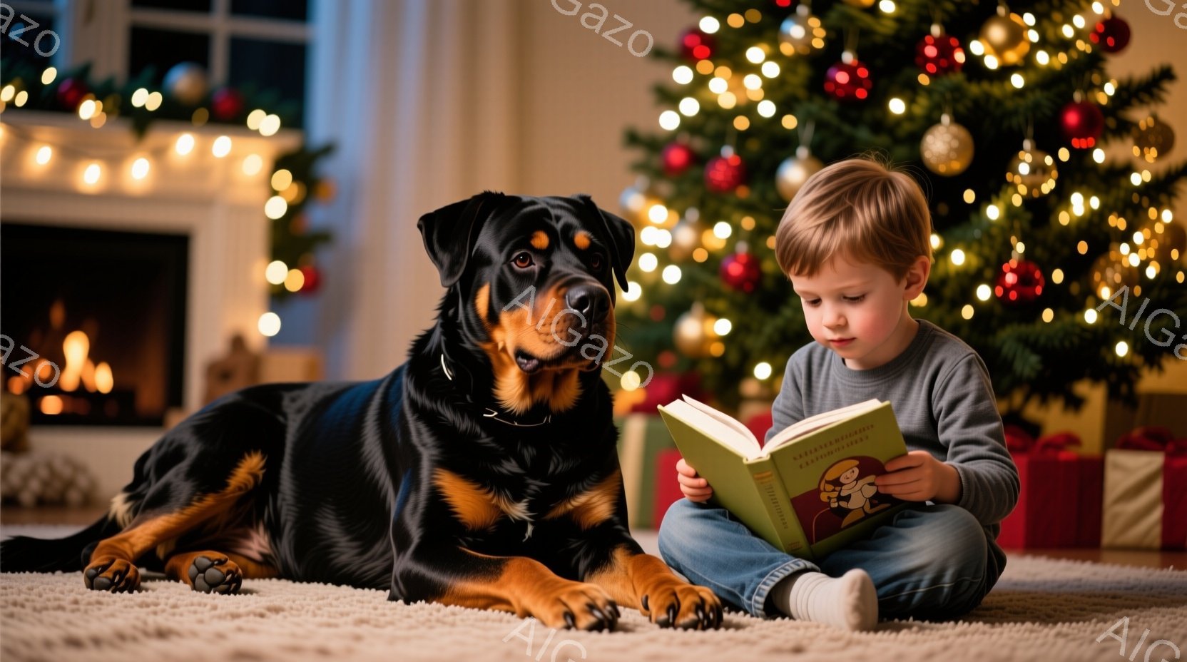 少年は床に座り、膝を曲げて本を熱心に読んでいます。黒い犬が少年の横に横たわり、優しく顔を見上げています。背景には、キラキラ光る装飾が施されたクリスマスツリーがあり、暖炉の火が温かい雰囲気を作り出してい - AI生成フリー素材