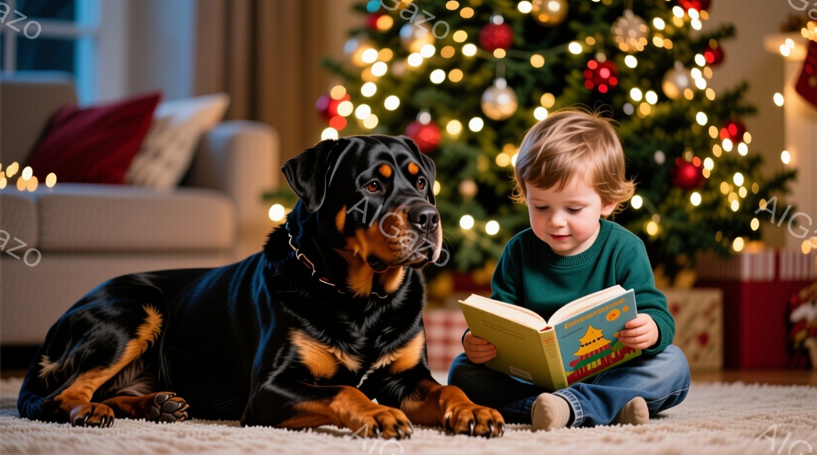 小さな少年が床に座り、絵本を熱心に読んでいる。彼は緑色のセーターと青いズボンを身に着け、金髪を無造作に散らした姿で、真剣な表情で本に集中している。黒い大型犬が少年の横に横たわり、穏やかな表情で本を読ん - AI生成フリー素材