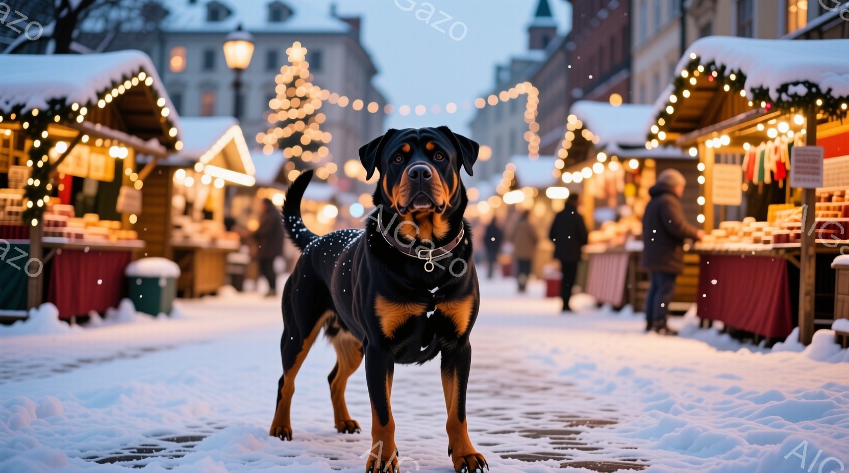 黒い毛並みに茶色の斑点が入った堂々としたドーベルマンが、雪に覆われた石畳の道に立っている。背景にはクリスマスマーケットのような賑やかな光景が広がり、多くの人々が冬の装いで歩き、屋台には色とりどりの商品 - AI生成フリー素材
