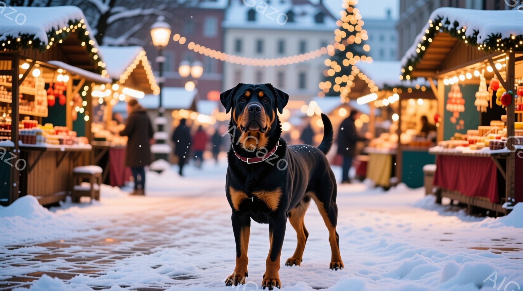 黒い毛並みのドーベルマンが、雪に覆われた石畳の道に堂々と立っている。背景にはクリスマスマーケットの屋台が並び、暖かな光が灯り、多くの人々が歩いているのがぼんやりと見える。雪が舞い、暖かい光と雪景色が相 - AI生成フリー素材