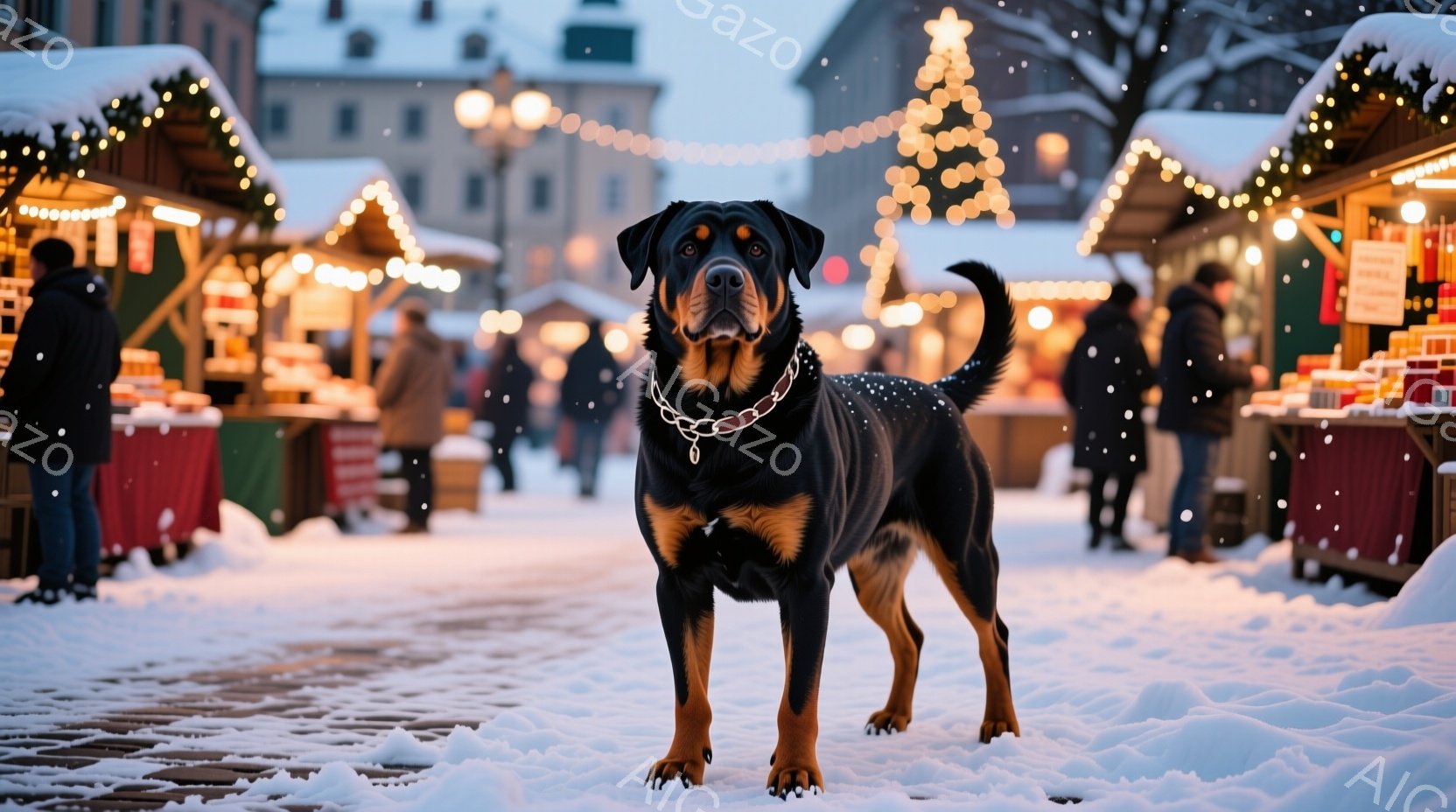 黒い舗装路に雪が積もり、その上に堂々と立つロットワイラーが写っている。犬は首輪をつけており、まっすぐ前を見据えた凛々しい表情をしている。背景にはクリスマスマーケットのような賑やかな雰囲気で、多くの人々が歩き、カラフルな屋台が並び、暖かい光で照らされている。