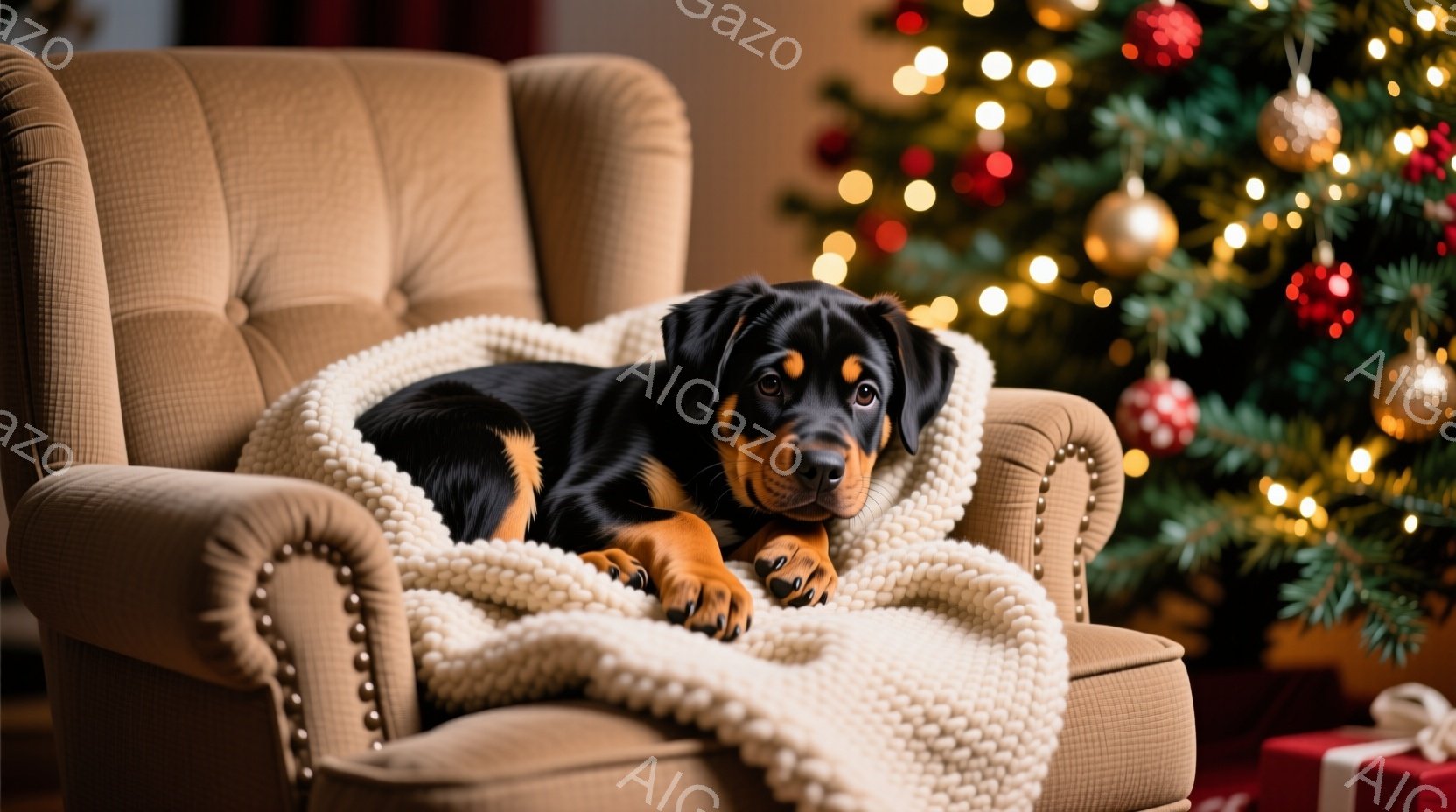 暖炉のそばの豪華なアームチェアに、黒とタンの毛並みを持つ愛らしい子犬が丸まって眠っています。クリーム色のふわふわのブランケットが子犬を優しく包み込んでおり、背景にはキラキラと輝くクリスマスツリーとプレゼントが飾られています。全体的に、暖かく、心地よく、お祝いの雰囲気です。