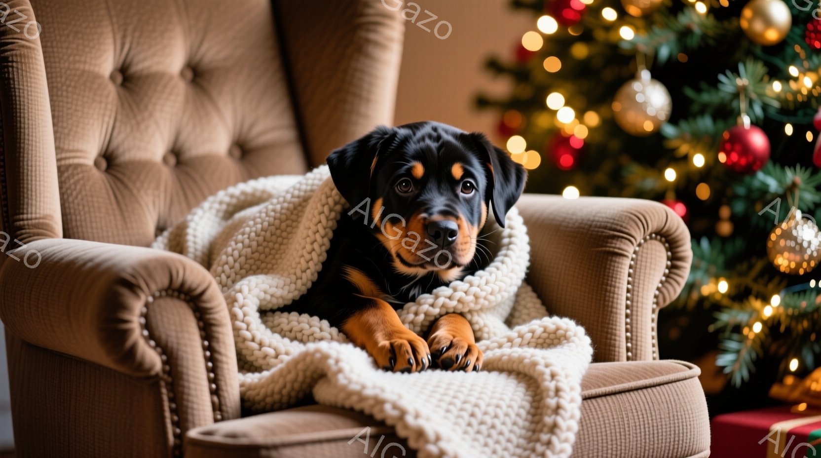 黒と茶色の毛並みを持つ子犬が、柔らかいクリーム色の毛布にくるまって、鋲のついた背もたれの椅子に座っている。子犬は少し眠たそうな表情で、カメラの方をじっと見つめている。背景にはクリスマスツリーが飾られ、 - AI生成フリー素材