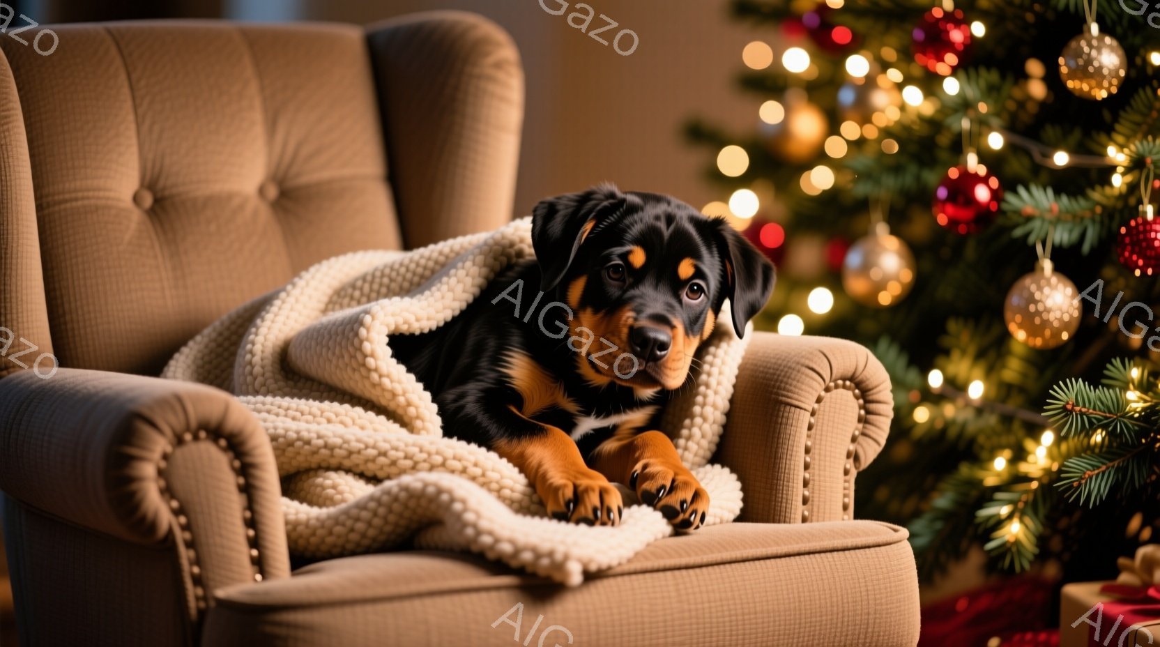 黒と茶色の毛並みを持つ子犬が、クリーム色の柔らかい毛布に包まれて、ボタン張りのキャメル色の肘掛け椅子で丸まって眠っています。背景には、ぼやけたクリスマスツリーの光と、プレゼントボックスがわずかに見え、 - AI生成フリー素材