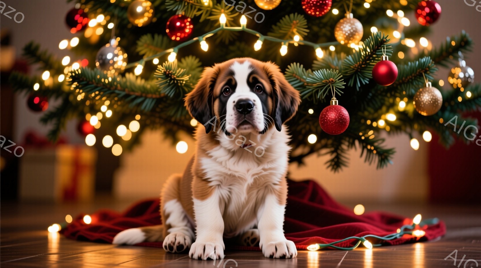 幼いセント・バーナード犬が、クリスマスツリーの下に座ってこちらを見つめています。赤い敷物の上に座り、首輪をつけており、その表情は少し無邪気で愛らしいです。背景には、飾り付けられたクリスマスツリーとプレゼントの箱があり、全体的に温かく、お祝いムードに満ちた雰囲気です。