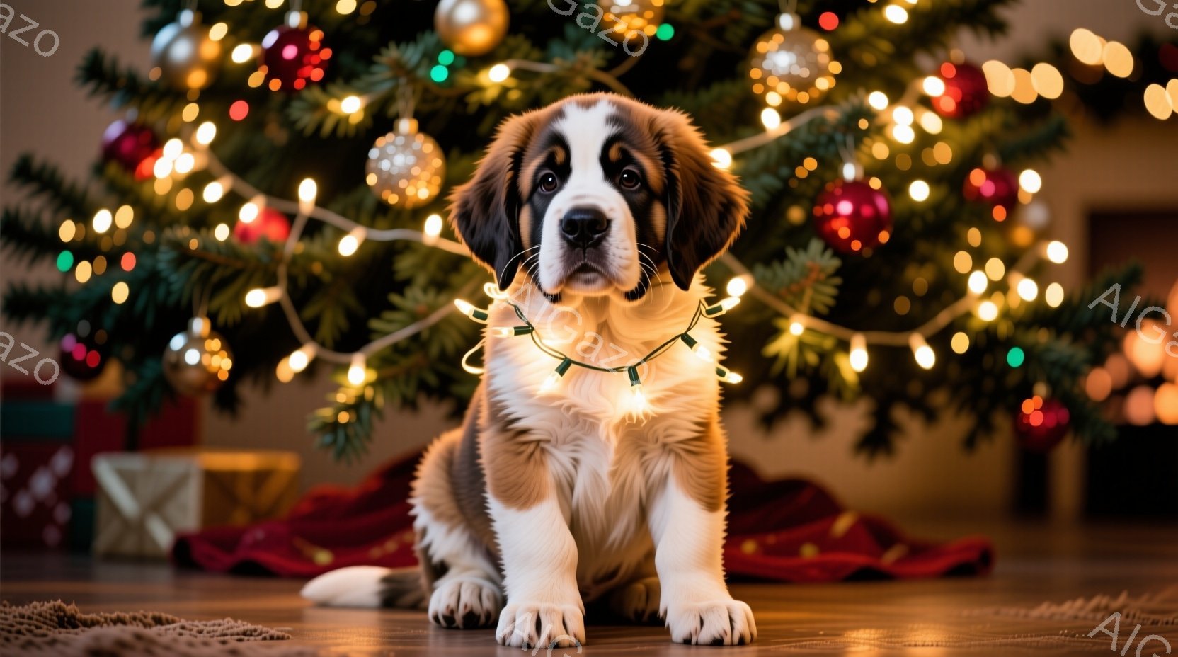明るいクリスマスツリーを背景に、セントバーナードの子犬が座っています。子犬はクリスマスライトのガーランドを首に巻き、真剣な表情で正面を見ています。背景には赤い布とプレゼントボックスが写っており、暖かく - AI生成フリー素材