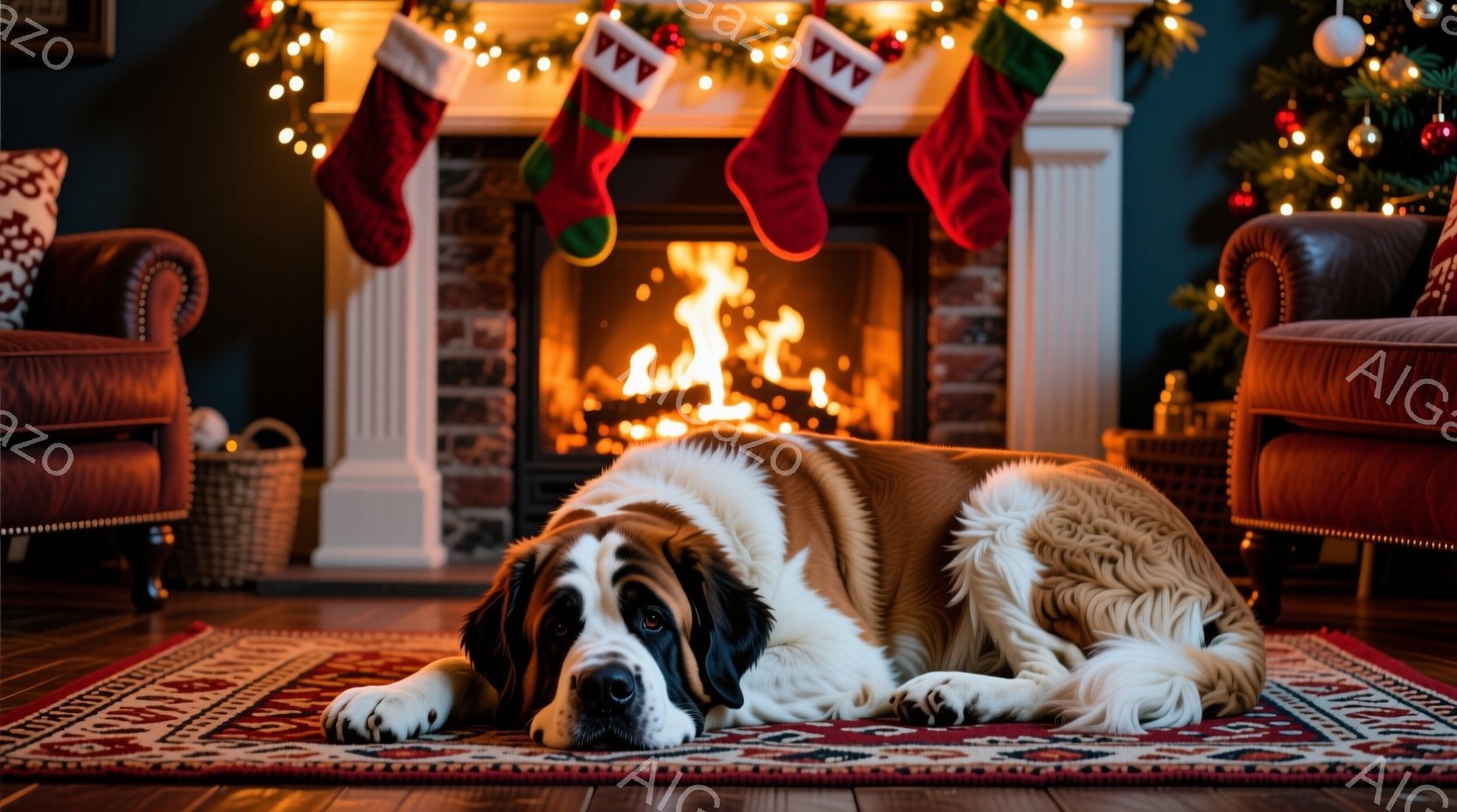 暖炉の前に、毛並みの美しいセント・バーナード犬が床の絨毯の上で横たわっています。背景には、クリスマスツリーと、暖炉に掛けられた赤いクリスマスストッキングが見え、温かく居心地の良い雰囲気が漂っています。犬はリラックスした表情で、暖炉の光と装飾が、静かで穏やかなクリスマスのシーンを演出しています。