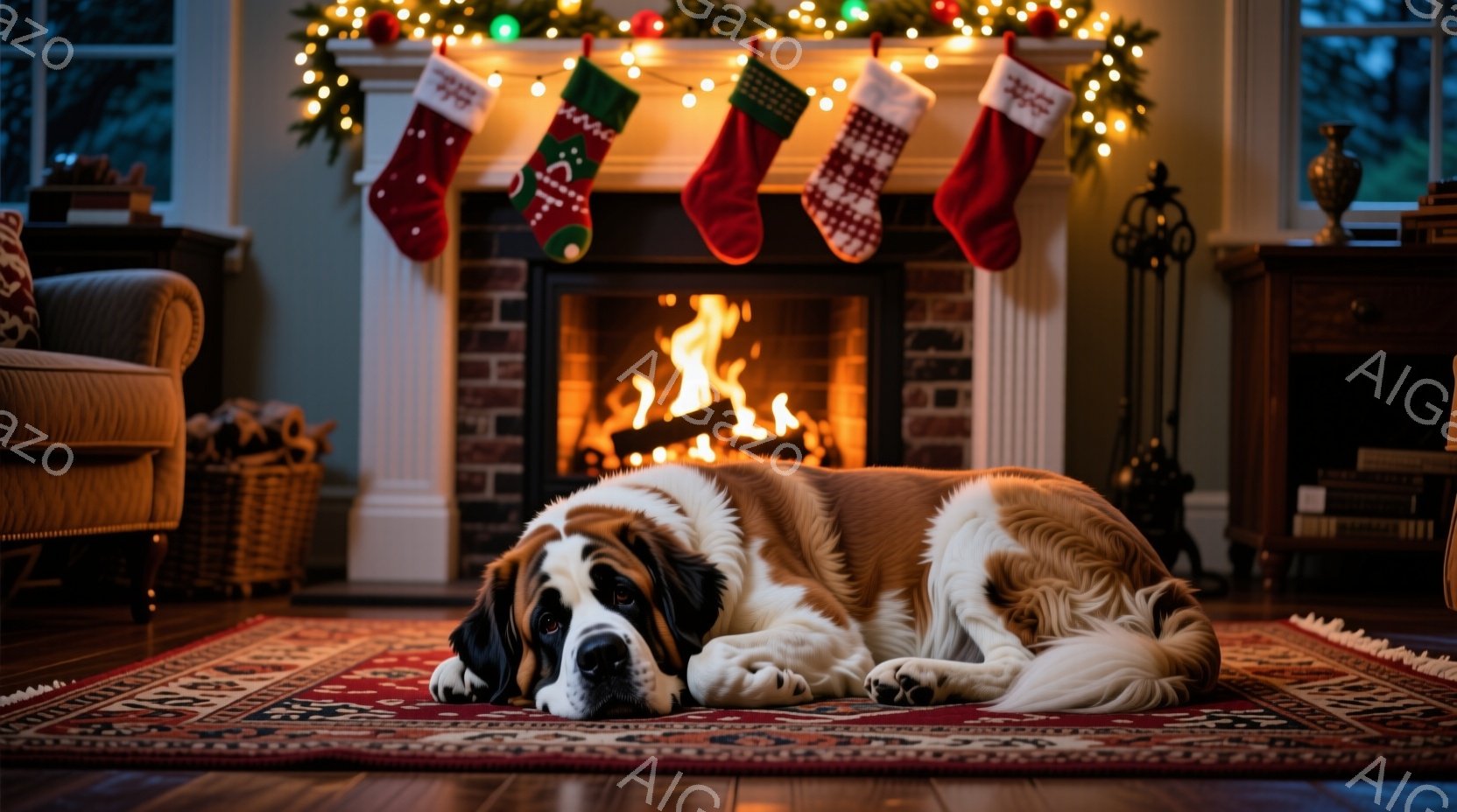 暖炉の前で大きなセント・バーナード犬が横たわっています。クリスマスの飾り付けが暖炉の上にあり、赤い絨毯の上に犬がリラックスした様子で眠っています。室内は暖かく、クリスマスの雰囲気が漂っており、心地よい雰囲気が感じられます。