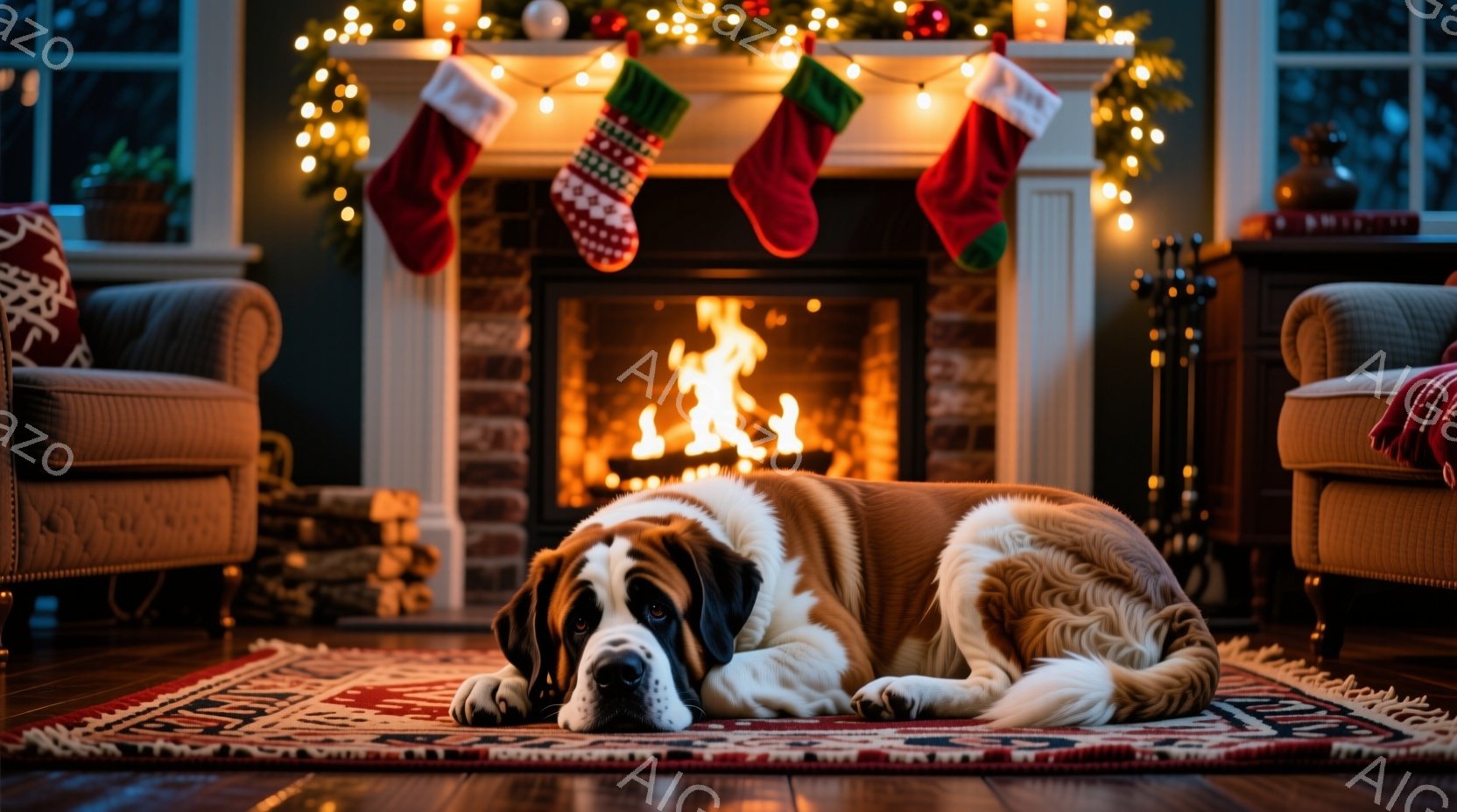 大きなセントバーナード犬が、暖炉の前にある敷物の上で横たわっています。背景にはクリスマス装飾が施された暖炉があり、赤いクリスマスストッキングがぶら下がっています。室内は暖かく、リラックスした雰囲気が漂 - AI生成フリー素材