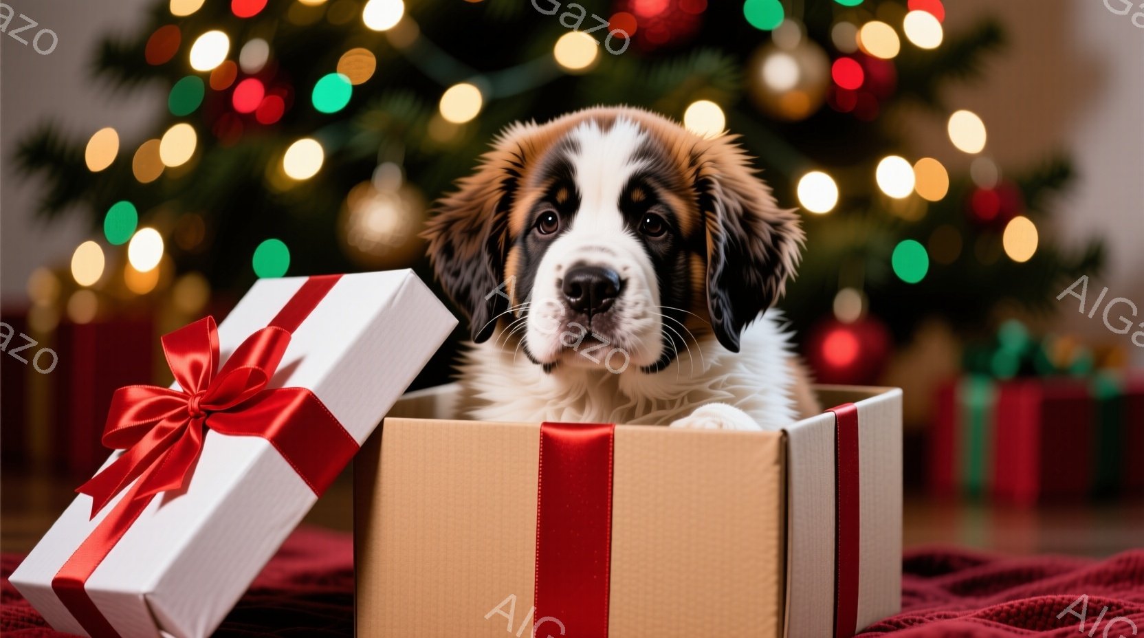 大きな犬の子犬が、リボン付きのギフトボックスに入ってこちらを見ています。背景にはぼやけたクリスマスツリーの光があり、赤いブランケットの上に箱が置かれています。暖かく、お祝いの雰囲気で、子犬の愛らしい表 - AI生成フリー素材