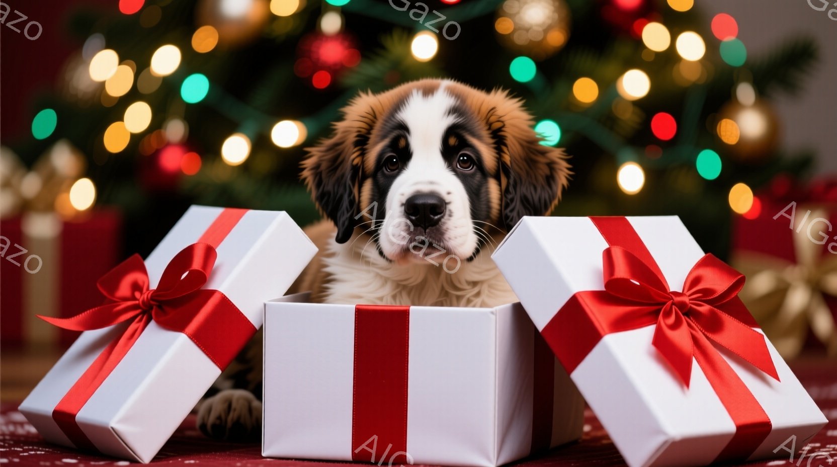 巨大なセントバーナード犬が、赤いリボンで飾られた白いギフトボックスの中に頭と前足を入れ、こちらを見つめています。背景にはぼやけたクリスマスツリーの光が輝き、暖かくお祝いムードを演出しています。全体的に - AI生成フリー素材