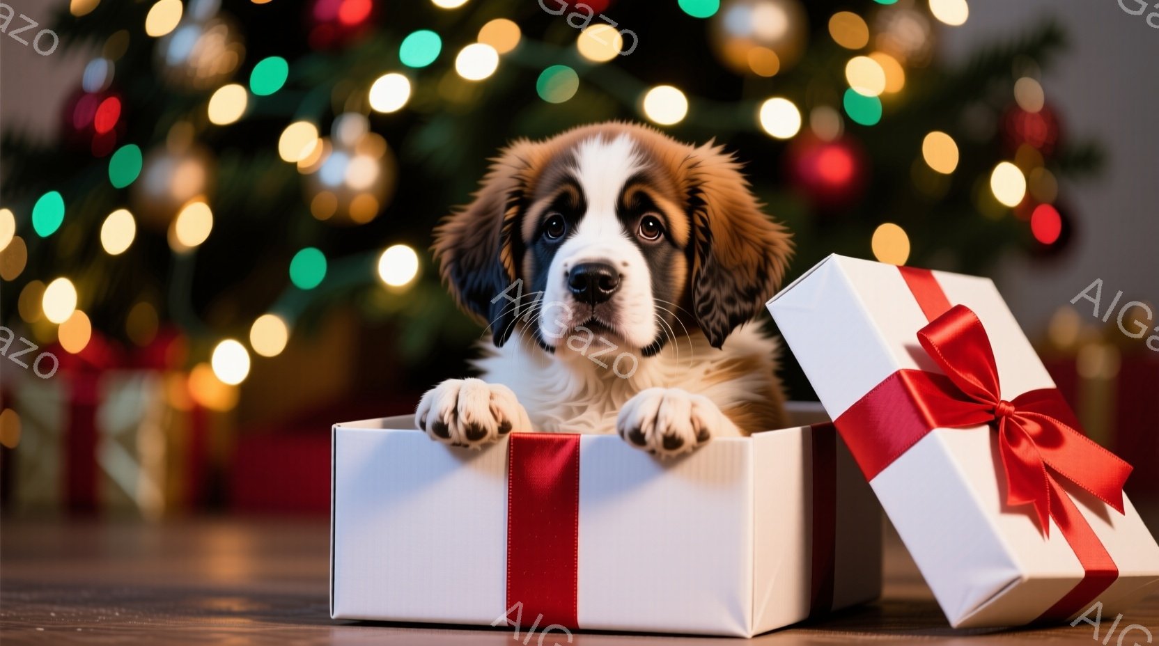 白い毛並みと茶色の斑点を持つ、愛らしい子犬が赤いリボンで飾られた白いギフトボックスの中に座っています。子犬は前足を箱の縁につけ、好奇心とわずかな戸惑いが入り混じった表情で正面を見つめています。背景には - AI生成フリー素材