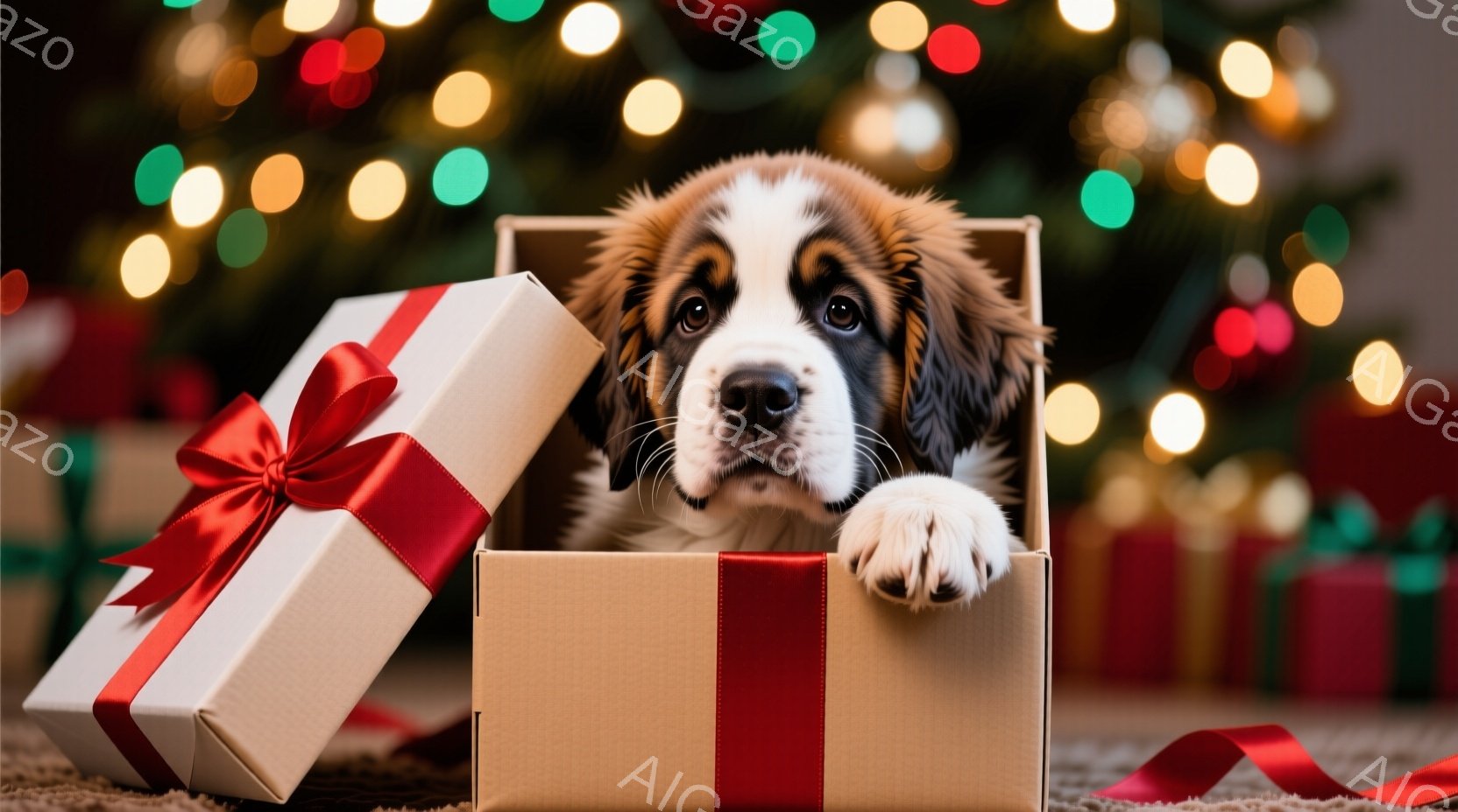白い毛並みと茶色の斑点を持つセントバーナードの子犬が、赤いリボンで結ばれたギフトボックスから顔を出しています。子犬は好奇心に満ちた表情で、片手を箱の縁につけてこちらを見つめています。背景にはぼやけたカ - AI生成フリー素材