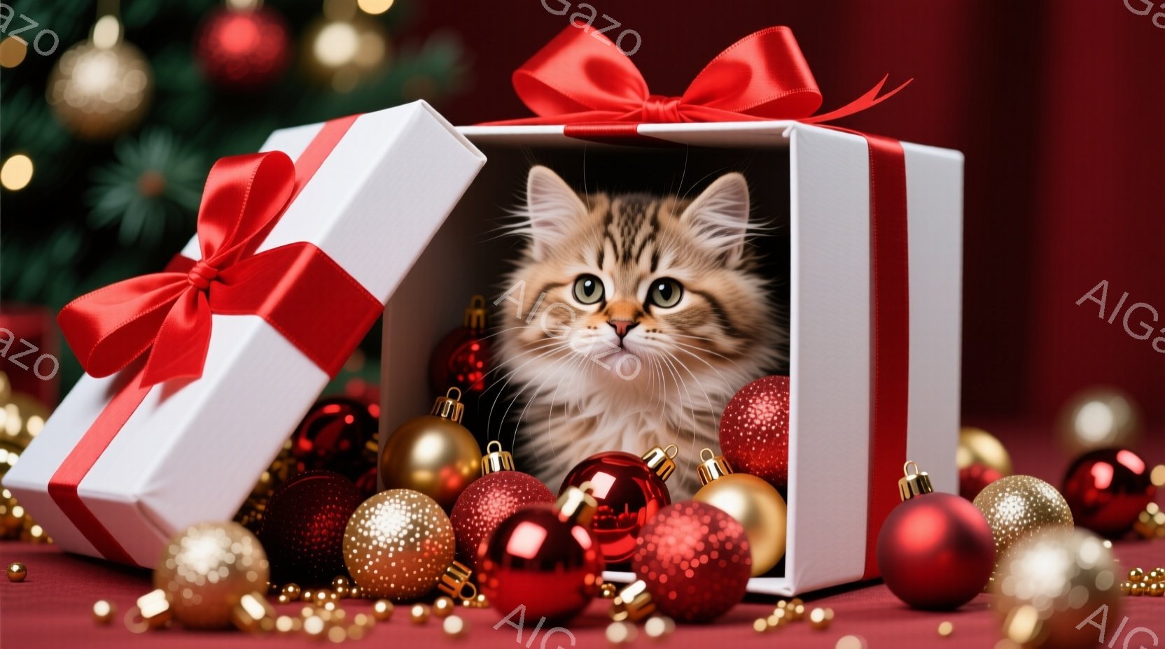 白いギフトボックスの中に、毛むくじゃらの子猫が顔を出しています。子猫は明るい目を持ち、少し驚いたような表情をしています。ボックスの周りには、赤や金色のクリスマスオーナメントが散りばめられ、お祝いの雰囲 - AI生成フリー素材