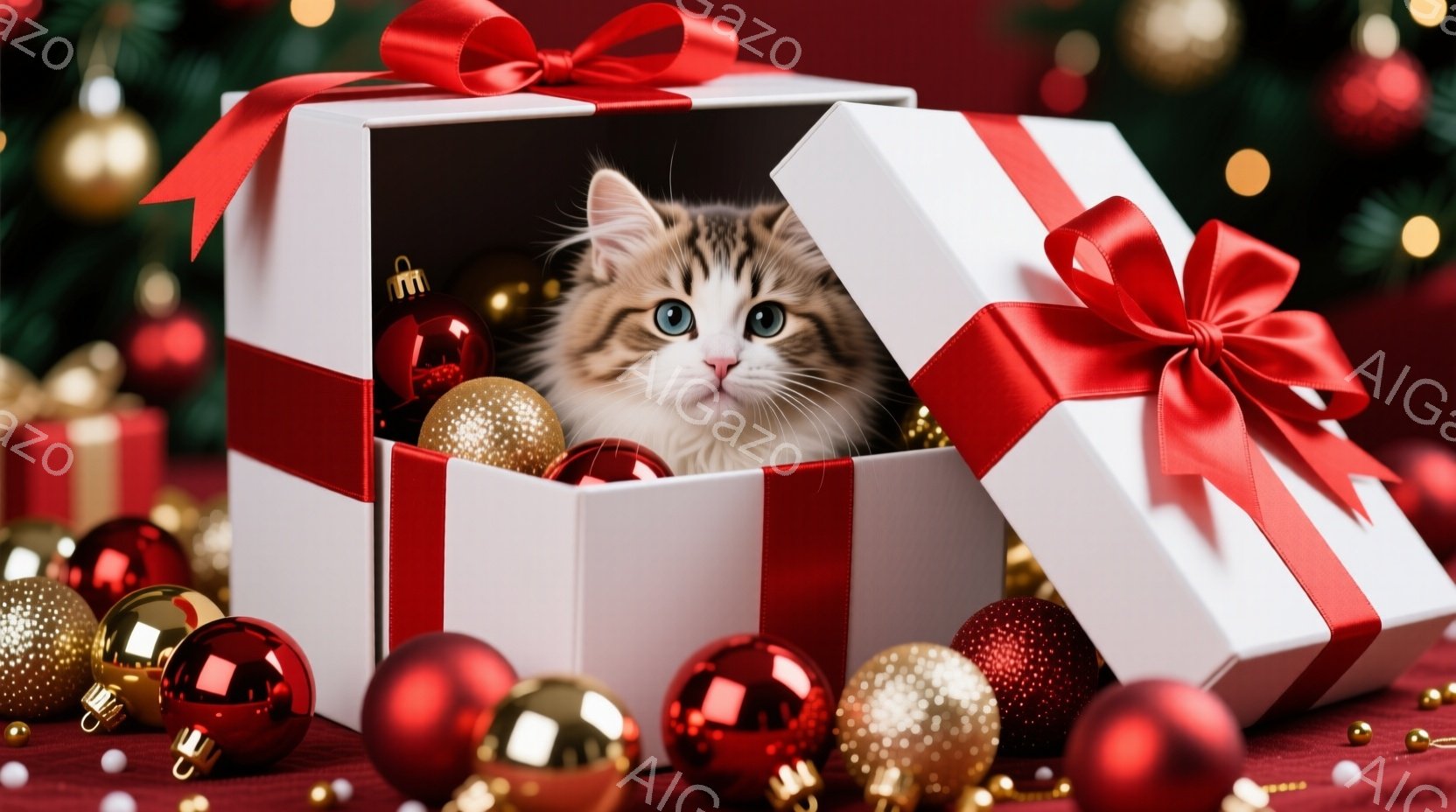白いギフトボックスの中に、縞模様の小さな子猫が可愛らしく顔を出しています。周りには赤い、金色のオーナメントが散りばめられており、背景にはぼやけたクリスマスツリーの緑が見えます。全体的に暖かく、お祝いの - AI生成フリー素材