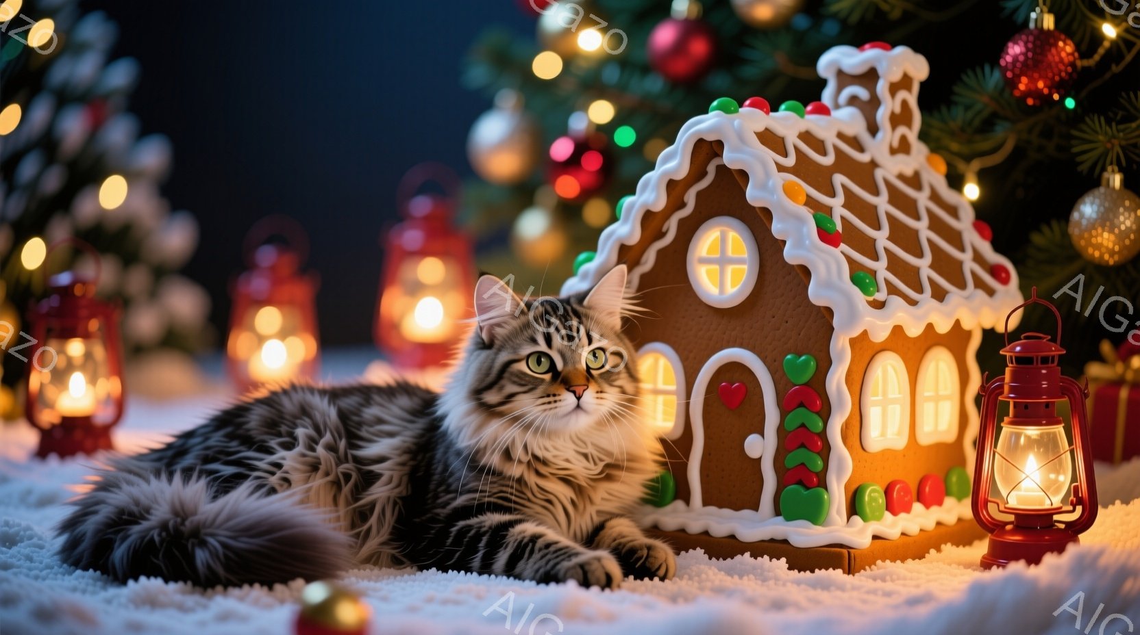 長毛の縞模様の猫が、雪のような白い敷物の上でリラックスして横たわっています。背景には、ぼんやりと光るクリスマスツリーと、可愛らしいジンジャーブレッドハウスが置かれています。暖かく、お祝いの雰囲気が漂う - AI生成フリー素材