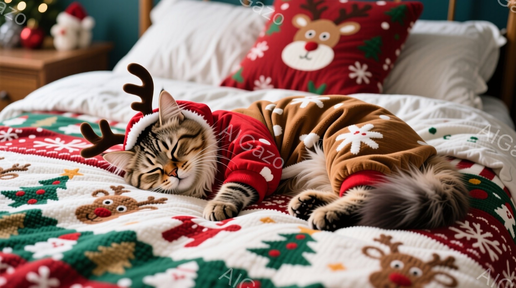 縞模様の猫が、クリスマスをテーマにした赤い衣装を着てベッドの上で横たわっています。衣装にはトナカイの角と尻尾があり、猫はリラックスした表情で目を閉じています。背景には、クリスマスを象徴する模様のベッド - AI生成フリー素材