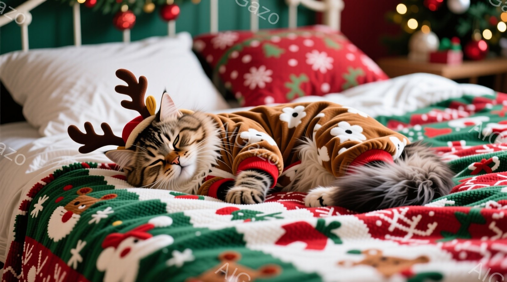 毛むくじゃらの茶トラ猫が、トナカイの角がついた茶色の防寒着を着て、赤いクリスマス柄のベッドカバーの上で仰向けに寝ています。猫は目を閉じてリラックスした表情で、ひげが可愛らしく、毛並みがふさふさとしています。背景には、クリスマスツリーの光がぼんやりと見え、全体的に暖かく、心地よい雰囲気が漂っています。