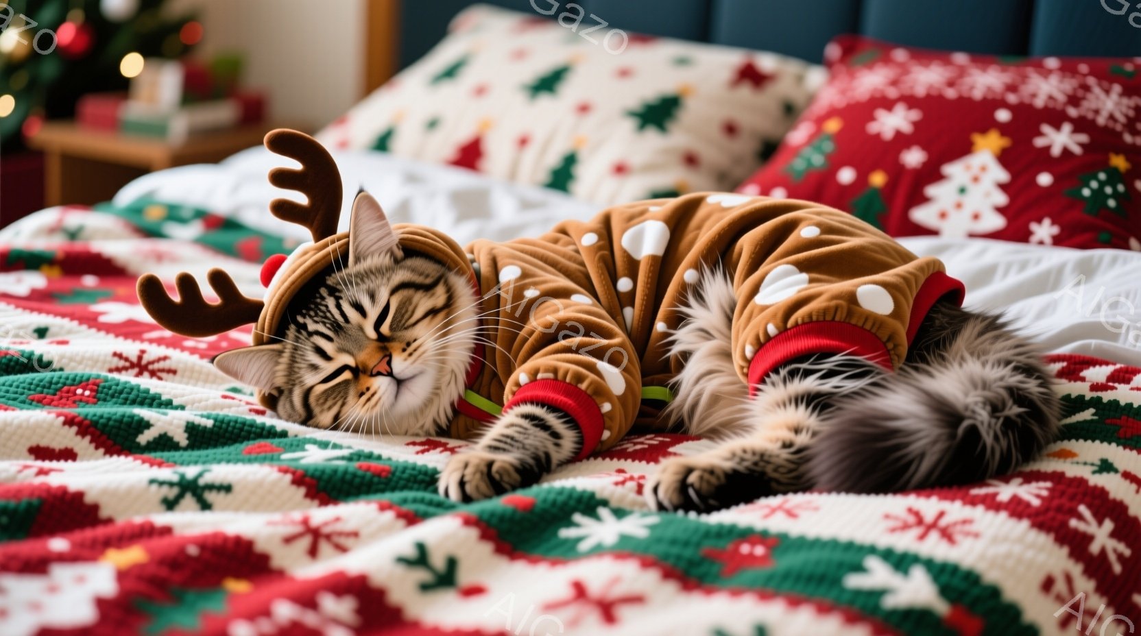 玄関の前に、美しい灰色の毛並みの猫が堂々と座っています。背景には、クリスマス装飾で飾られた木造の家があり、暖かく優しい光が灯っています。クリスマスツリーの飾りやプレゼントの箱が、祝祭の雰囲気を高めています。