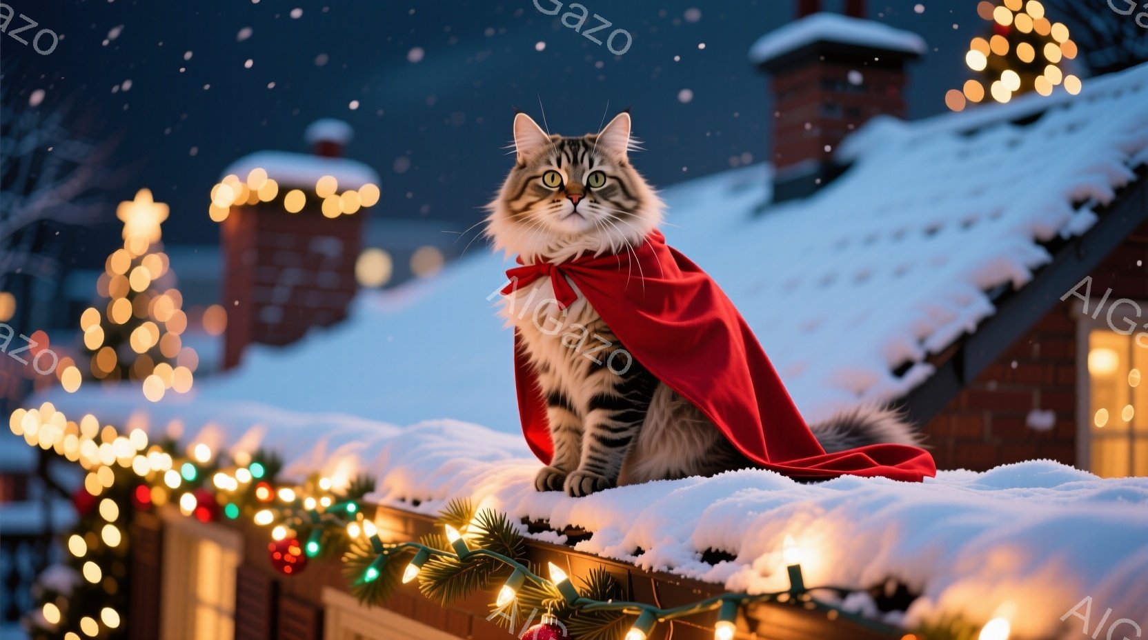 雪に覆われた町並みが広がり、クリスマスツリーが輝いている。ふわふわの毛並みを持つ猫が手すりに座り、遠くの賑やかな光景をじっと見つめている。全体的に暖かく、静かで、冬のクリスマスの穏やかな雰囲気が漂っている。