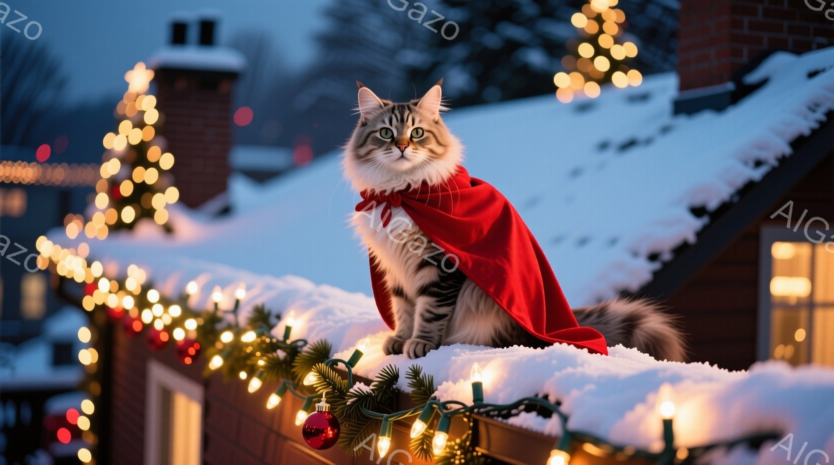 縞模様の猫が赤いケープを羽織り、雪に覆われた屋根の上に座っています。背景には、クリスマスの飾り付けが施された家々と、暗い空が広がっており、暖かく幻想的な雰囲気を作り出しています。猫は自信に満ちた表情で、まるでスーパーヒーローのように見えます。