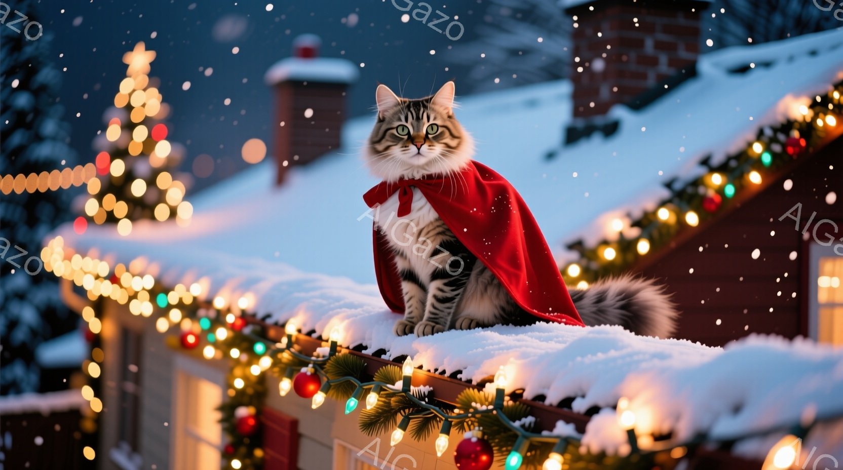 白い雪で覆われた屋根の上に、鮮やかな赤いマントを羽織った縞模様の猫が座っています。猫は前方をまっすぐ見つめ、自信に満ちた表情を浮かべており、まるでスーパーヒーローのようです。背景には、クリスマスの飾り付けがされた家々と、雪が舞う夜空が広がっており、暖かく幻想的な雰囲気を醸し出しています。