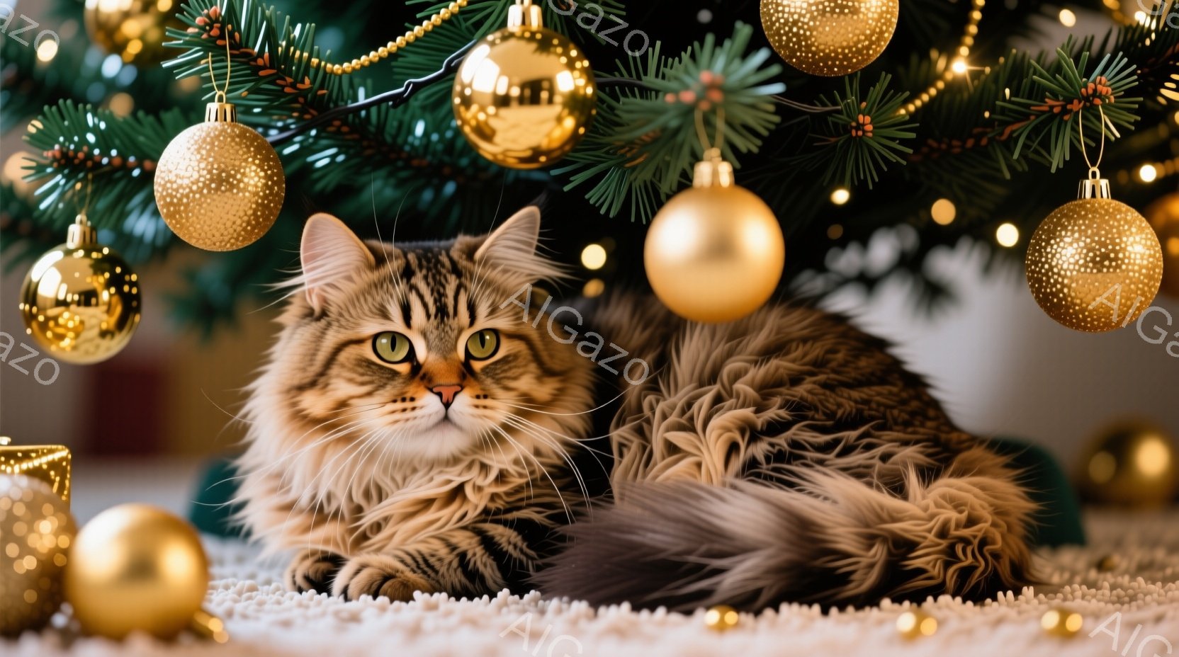 長毛の猫が白いカーペットの上に横たわっており、背景にはクリスマスツリーが飾られています。猫は琥珀色の目を持ち、穏やかでリラックスした表情をしています。クリスマスツリーは金色のオーナメントで飾られ、暖か - AI生成フリー素材