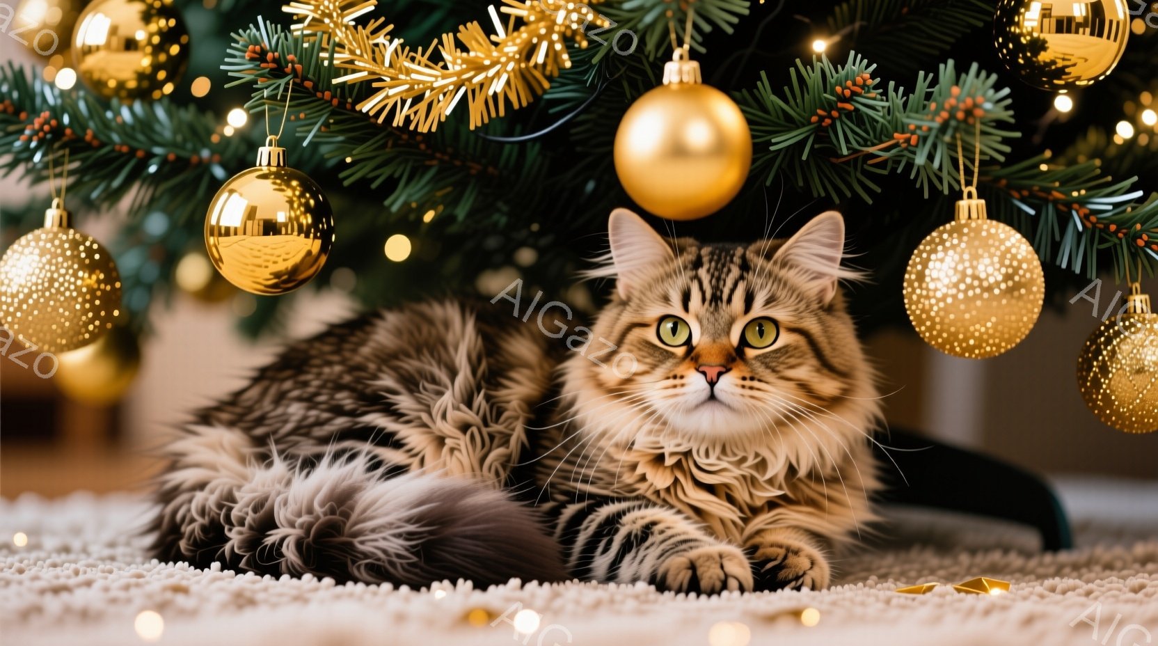 縞模様の大きな猫が、クリスマスツリーの下のカーペットの上に横たわっています。猫は落ち着いた表情でカメラの方を見ており、その毛並みはふさふさとしていて、光沢があります。背景には緑豊かなクリスマスツリーと - AI生成フリー素材