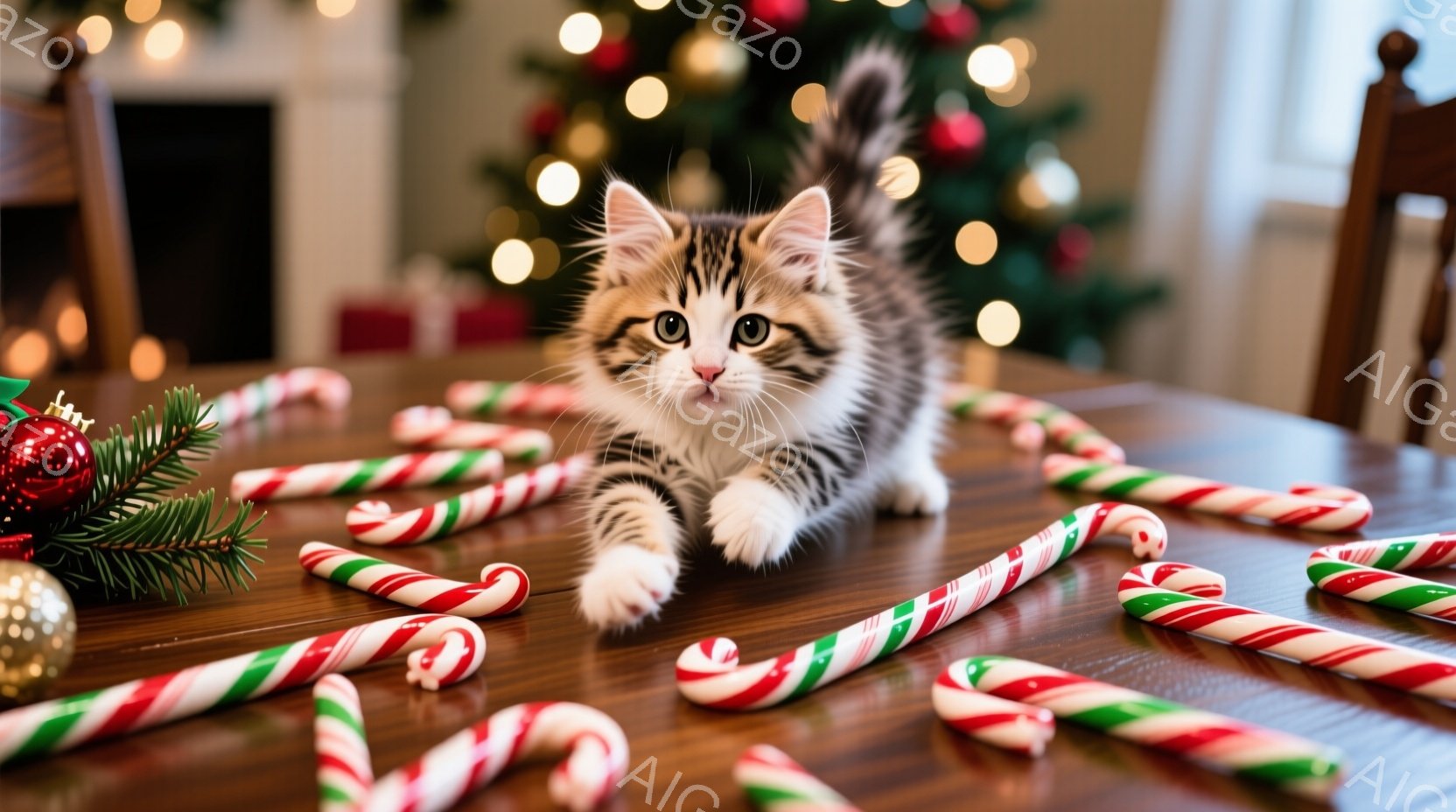 クリスマスツリーを背景に、縞模様のキティがキャンディケーンに囲まれて床を這っている様子が写っている。キティは前足を伸ばし、少し上目遣いで好奇心旺盛な表情を見せている。背景にはぼやけたクリスマスツリーの - AI生成フリー素材