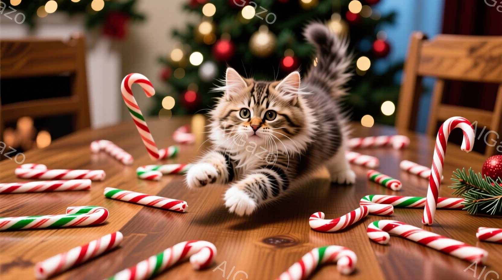 茶色い木のテーブルの上に、赤と白のキャンディケーンが散らばっています。その中央で、縞模様の小さな子猫が前足を伸ばし、遊び心に満ちた表情で飛び跳ねようとしています。背景にはぼやけたクリスマスツリーと装飾 - AI生成フリー素材