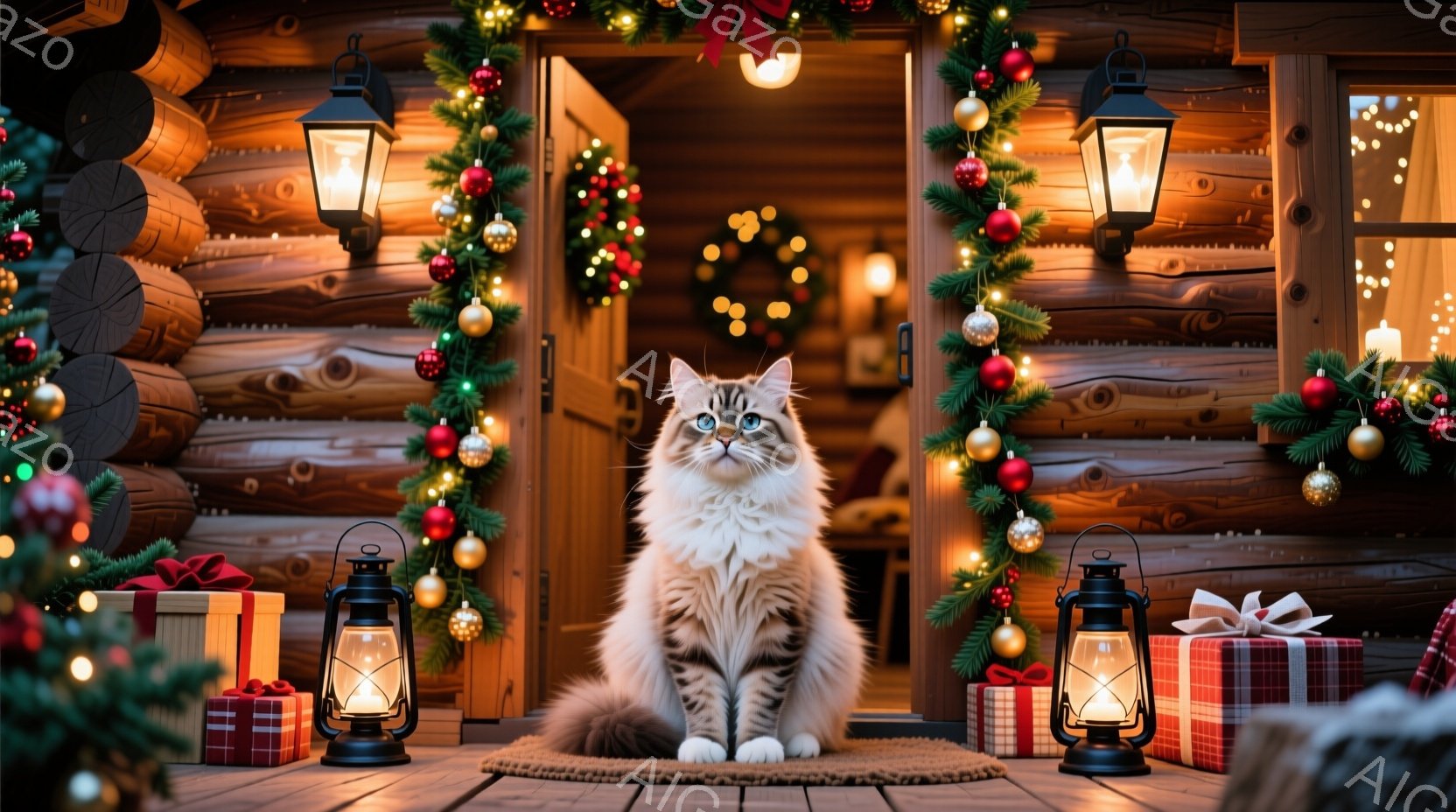 白い長毛の猫が、クリスマスデコレーションで飾られた木造コテージの入り口で座っています。コテージは、赤いオーナメントと緑のガーランド、そして光るランプで飾られ、入り口の両脇にはプレゼントの箱が置かれています。暖かく、お祝いの雰囲気が漂い、まるでクリスマスの絵葉書のようです。