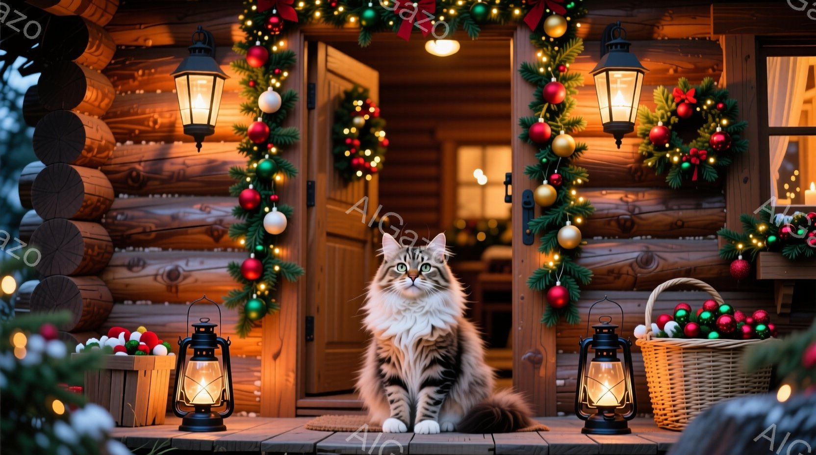 ログハウスの入り口に、縞模様の美しい長毛猫が優雅に座っています。入り口はクリスマスリースやイルミネーションで華やかに飾られており、両脇には灯りが灯ったランタンが置かれています。背景は暖かく、クリスマス - AI生成フリー素材