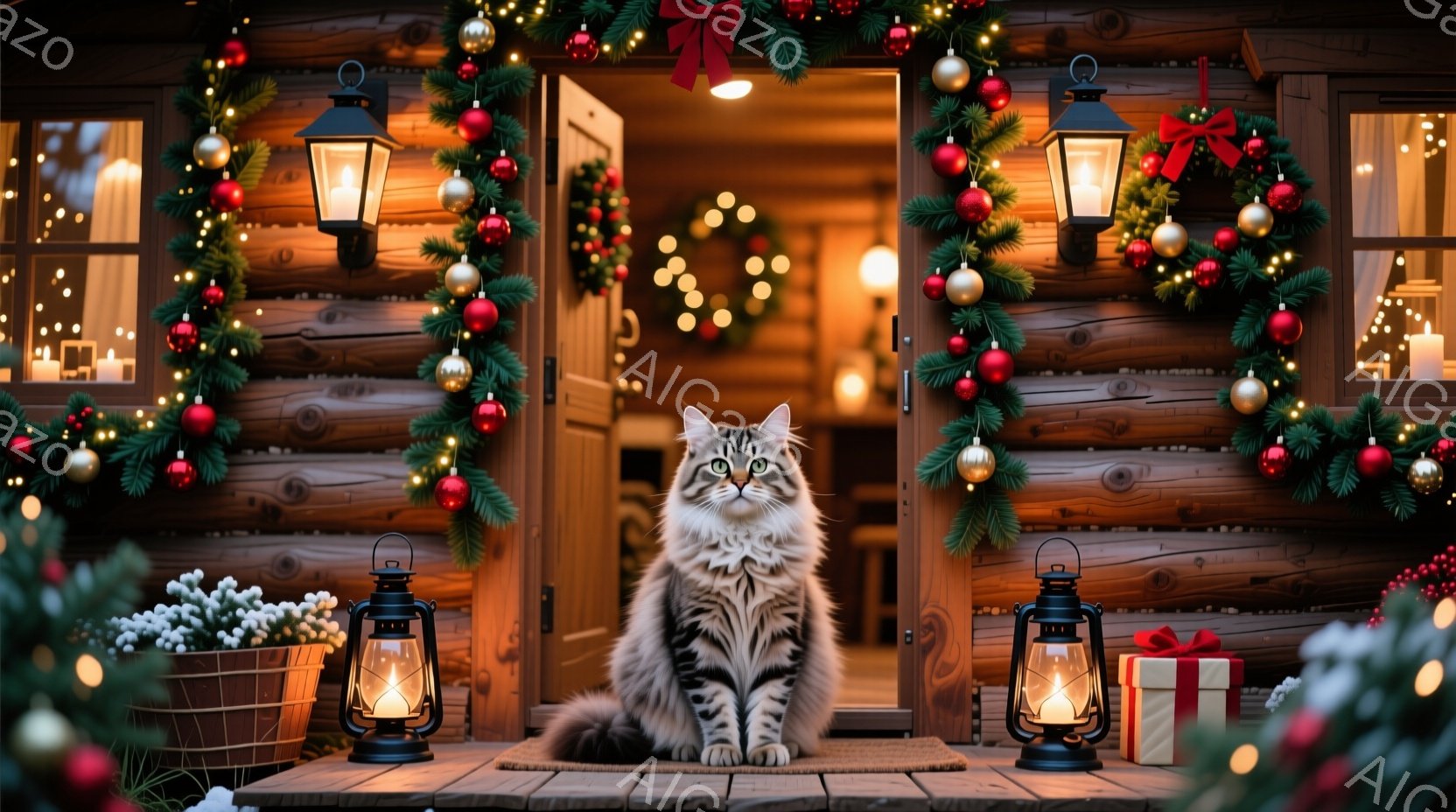 暖炉の木造住宅の玄関前に、灰色の長毛種の猫が正面を向いて座っています。玄関はクリスマス装飾で飾られており、赤いオーナメント、緑のガーランド、点灯したランプが暖かく輝き、クリスマスの雰囲気を醸し出してい - AI生成フリー素材