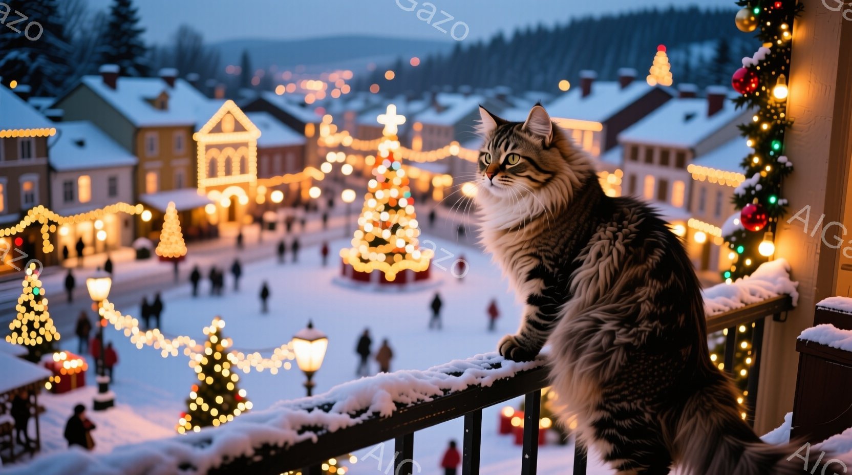 雪に覆われた街並みを背景に、毛並みの美しい猫がバルコニーの手すりに座って遠くを見つめている。街にはクリスマスツリーやイルミネーションが輝き、人々が楽しそうに歩いている様子がうかがえる。全体的に暖かく、 - AI生成フリー素材