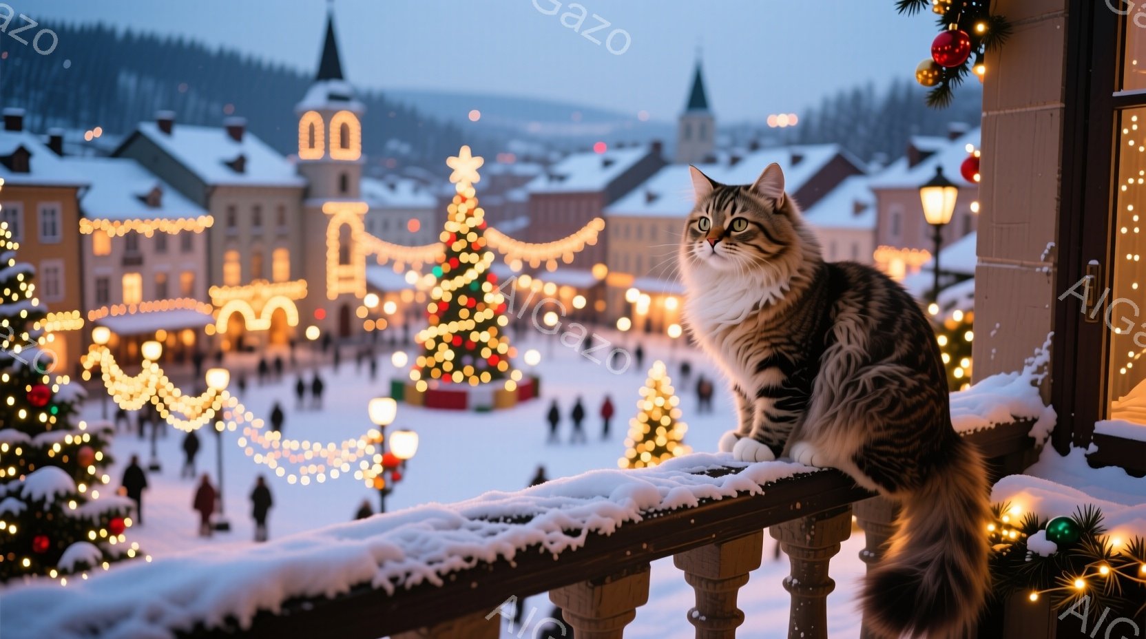 雪が降り積もった街並みを背景に、柵の上で座っている茶トラの猫が写っています。猫は正面を向いており、鋭い眼差しで何かを見つめているようです。背景にはクリスマスイルミネーションで飾られた建物や人々が見え、 - AI生成フリー素材