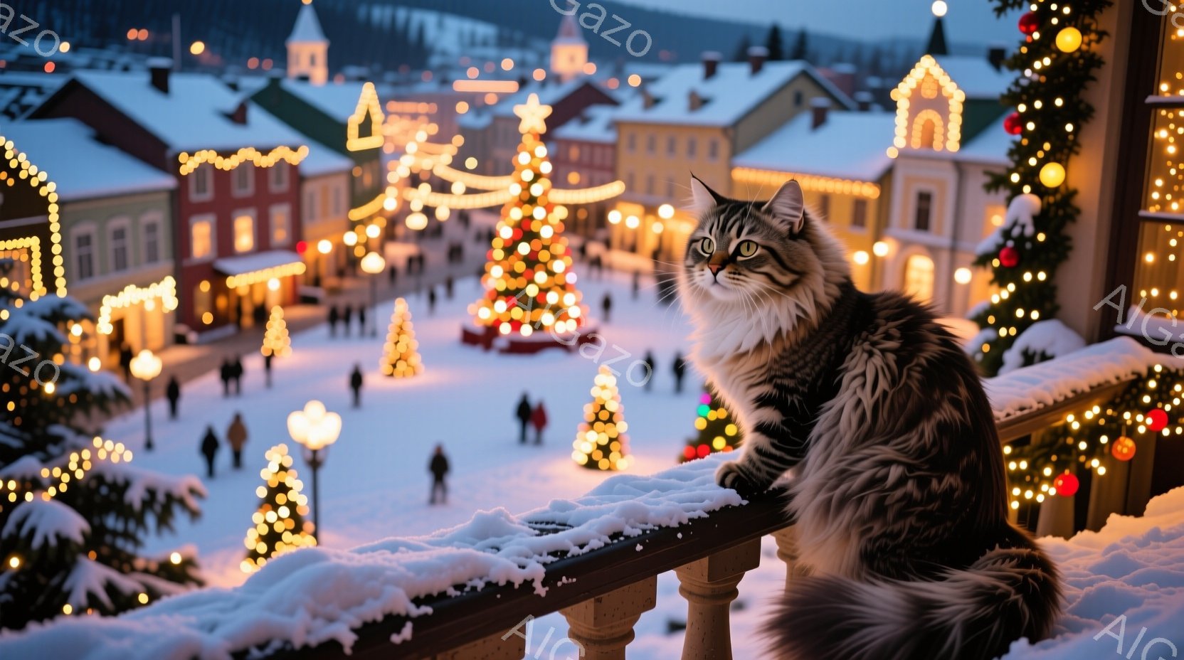 灰色の毛並みの猫が、雪に覆われたバルコニーの手すりに座り、遠くに見えるクリスマスマーケットを見下ろしています。背景には、カラフルなイルミネーションで飾られた建物が並び、雪が舞う幻想的な冬の風景が広がっ - AI生成フリー素材