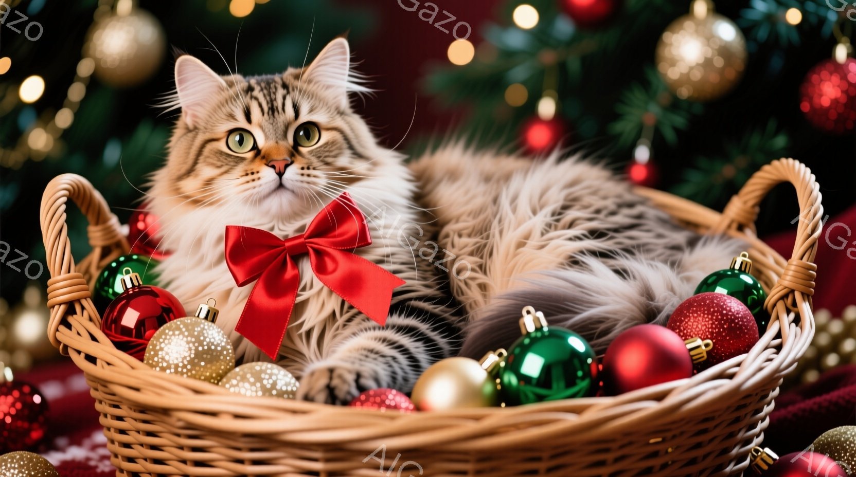 小さな縞模様の子猫が、赤いそりに座ってこちらを見ています。そりは木製で、雪の上に置かれたプレゼントの山に囲まれています。背景には、ぼやけたクリスマスツリーとキャンディケーンがあり、暖かく、お祝いの雰囲 - AI生成フリー素材