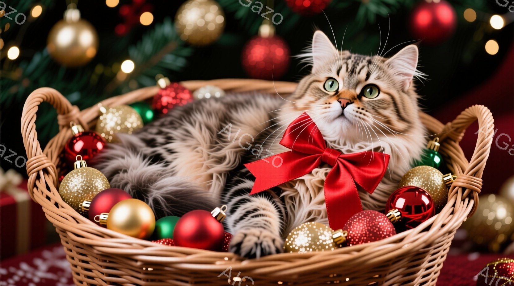 茶色のウィッカーバスケットの中に、リボンを付けた縞模様の猫がゆったりと横たわっています。猫は緑色の目をしており、穏やかで少し得意げな表情をしています。背景には、キラキラと輝くクリスマスオーナメントで飾られたクリスマスツリーがあり、暖かくお祝いムードの雰囲気が漂っています。