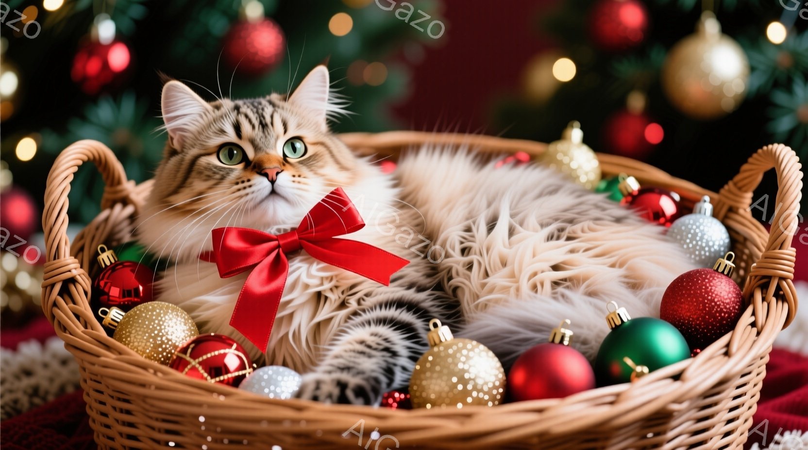 ふわふわの毛並みを持つ猫が、赤いリボンをつけて、装飾されたバスケットの中にゆったりと横たわっています。背景には、キラキラと輝くクリスマスツリーの飾りと緑の葉が写っており、暖かくお祝いムードを演出してい - AI生成フリー素材