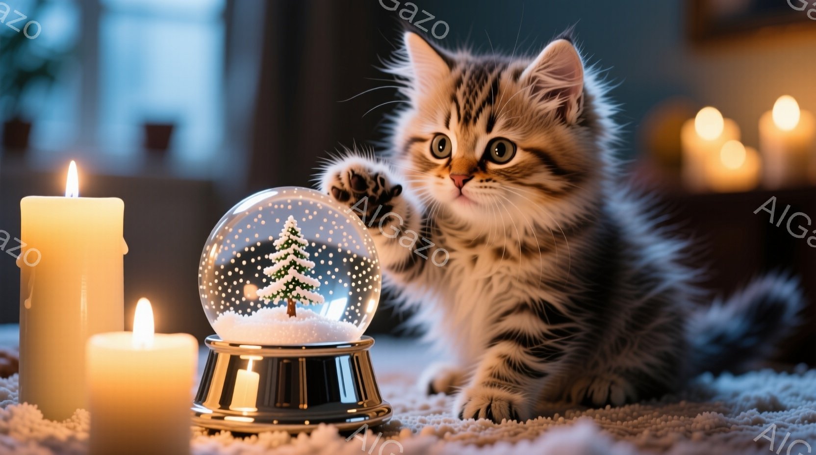 白と茶色の縞模様の小さな子猫が、雪の結晶が舞うクリスマスツリーが入ったガラス製のスノーグローブに前足で触れようとしています。背景にはぼやけたキャンドルの光が温かい雰囲気を演出し、白いふわふわの敷物の上 - AI生成フリー素材