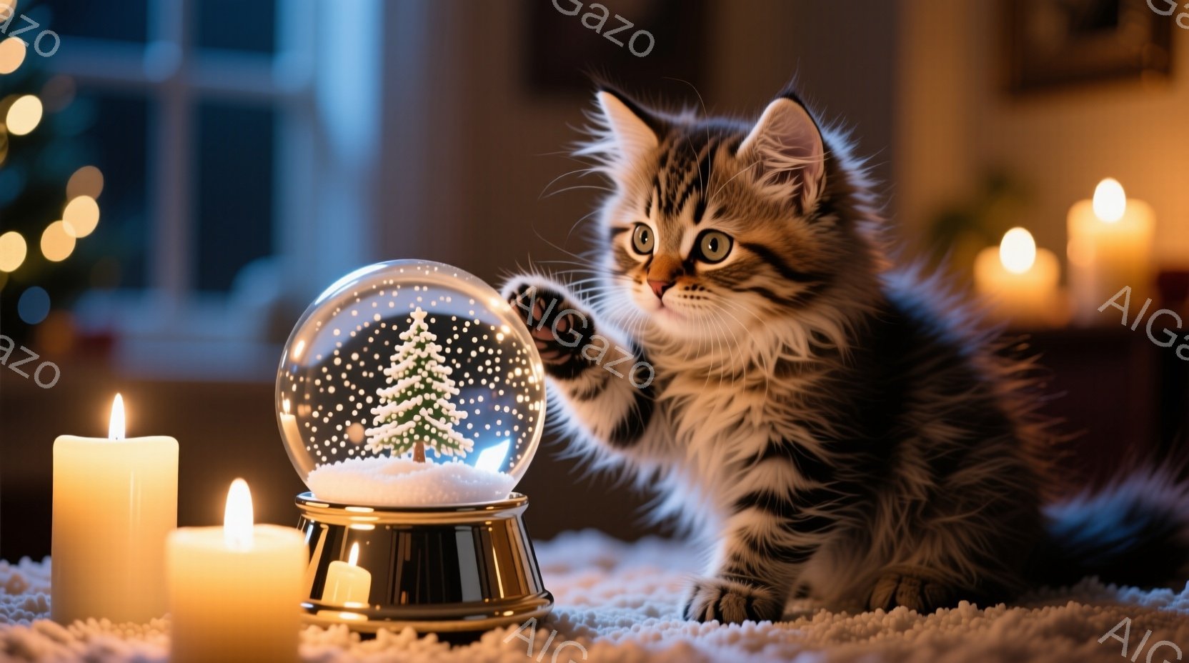 ふわふわの灰色の毛並みの子猫が、雪の結晶が舞うクリスマスのスノーグローブに前足で触れようとしています。子猫は好奇心旺盛な表情で、クリスマスの飾りを見つめています。背景にはぼんやりと光るキャンドルと、ぼ - AI生成フリー素材