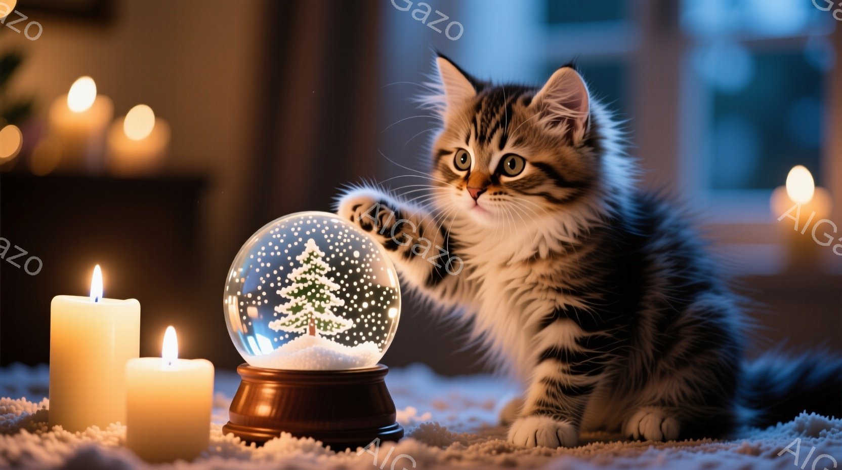 ふわふわの縞模様の子猫が、雪の結晶が舞うクリスマスのオーナメントであるスノーグローブに前足を伸ばして触れようとしています。背景にはぼんやりと暖色のキャンドルの光が灯り、白い毛布の上に置かれたスノーグロ - AI生成フリー素材