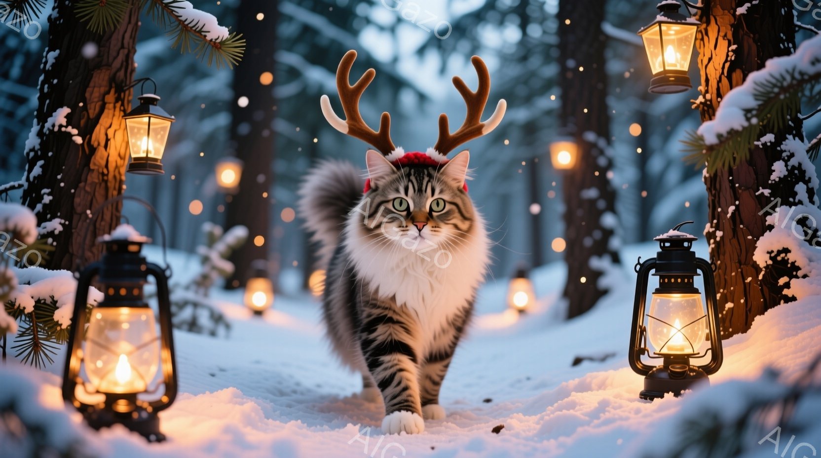白い毛並みに灰色の縞模様が入った猫が、角と赤いリボンをつけて雪の中を堂々と歩いている。背景には雪に覆われた木々と、暖かく光るランタンが点在しており、幻想的な冬の雰囲気を醸し出している。雪が舞い散る中、 - AI生成フリー素材